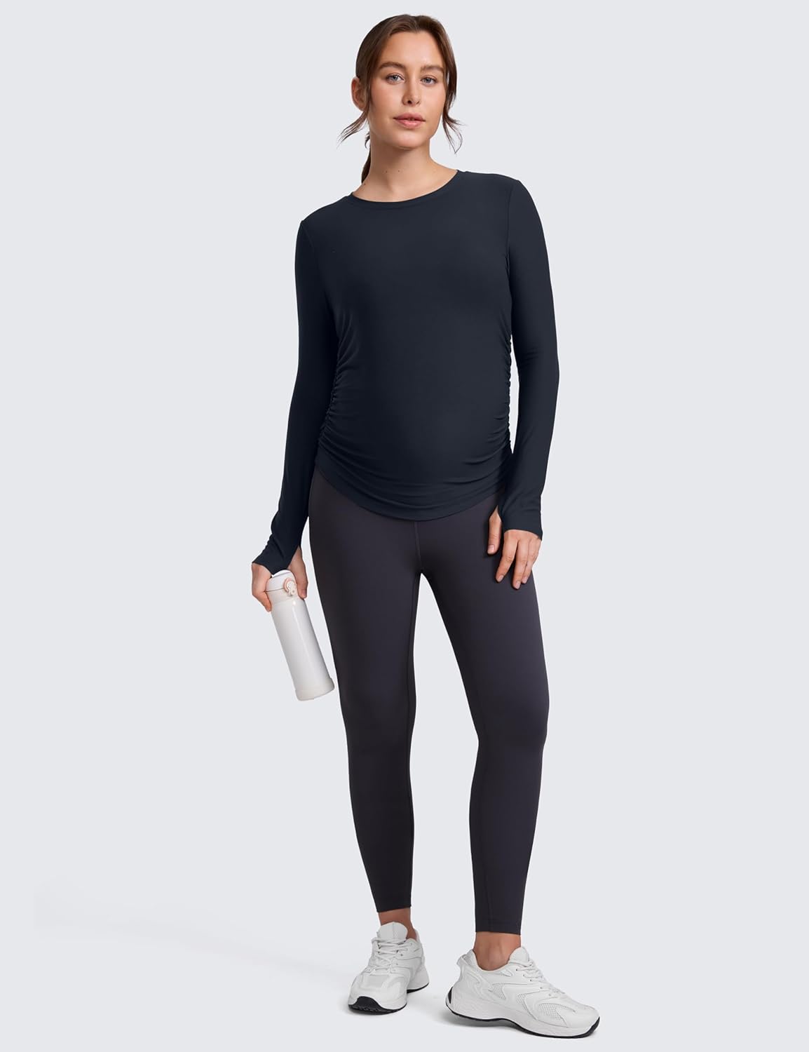Detalle de CRZ YOGA Womens Cloudweight Maternity Long Sleeve Top – Ruched, Lightweight Pregnancy Shirt