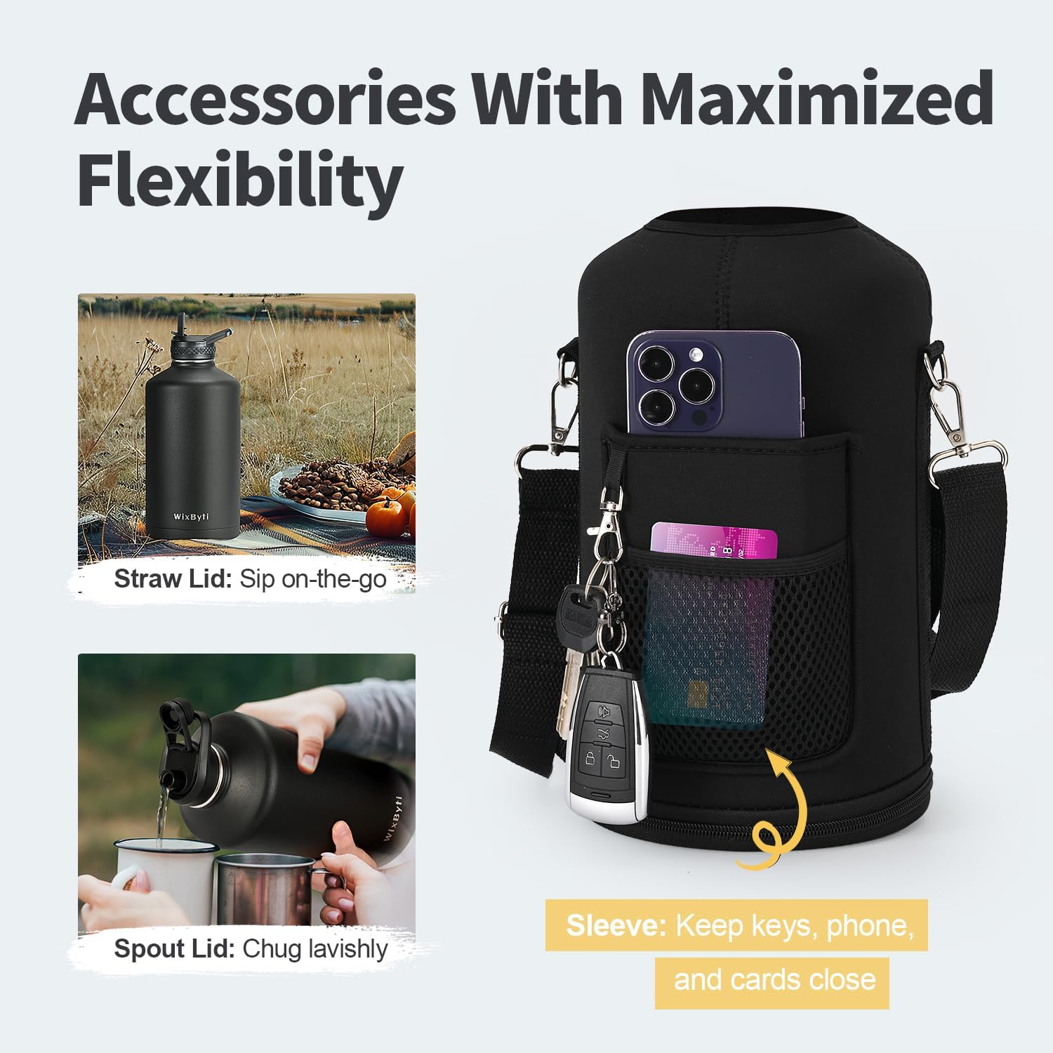 Thumbnail 2 de WixByti One Gallon Triple-Wall Insulated Water Bottle (128oz) with Straw & Spout Lids, Paracord Handle