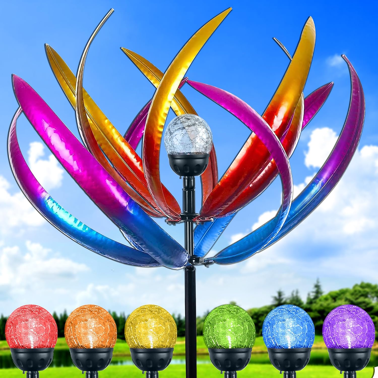 Detalle de RARAXUAN 70 in Large Wind Spinners Outdoor: Solar Tulip Kinetic Yard Art