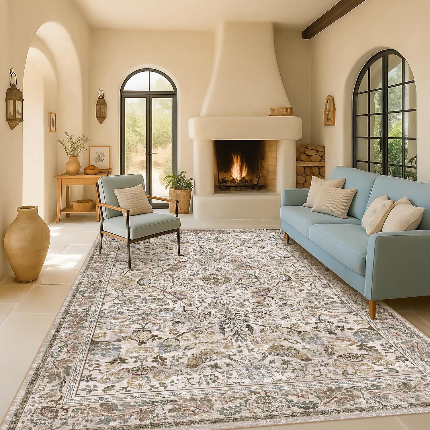 Detalle de Hazo Haus 9' x 12' Floral Area Rug with Bird Motif, Low Pile, Washable