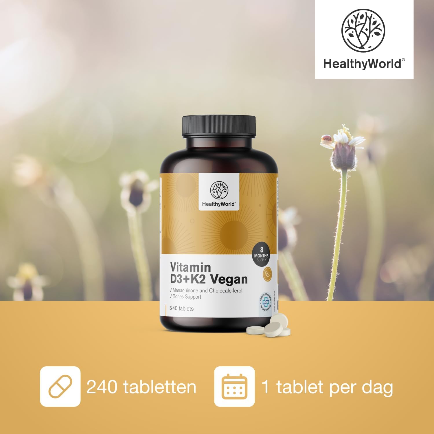 Detalle 1 de HealthyWorld Vitamine D3+K2, 240 vegan tabletten met D3 en K2