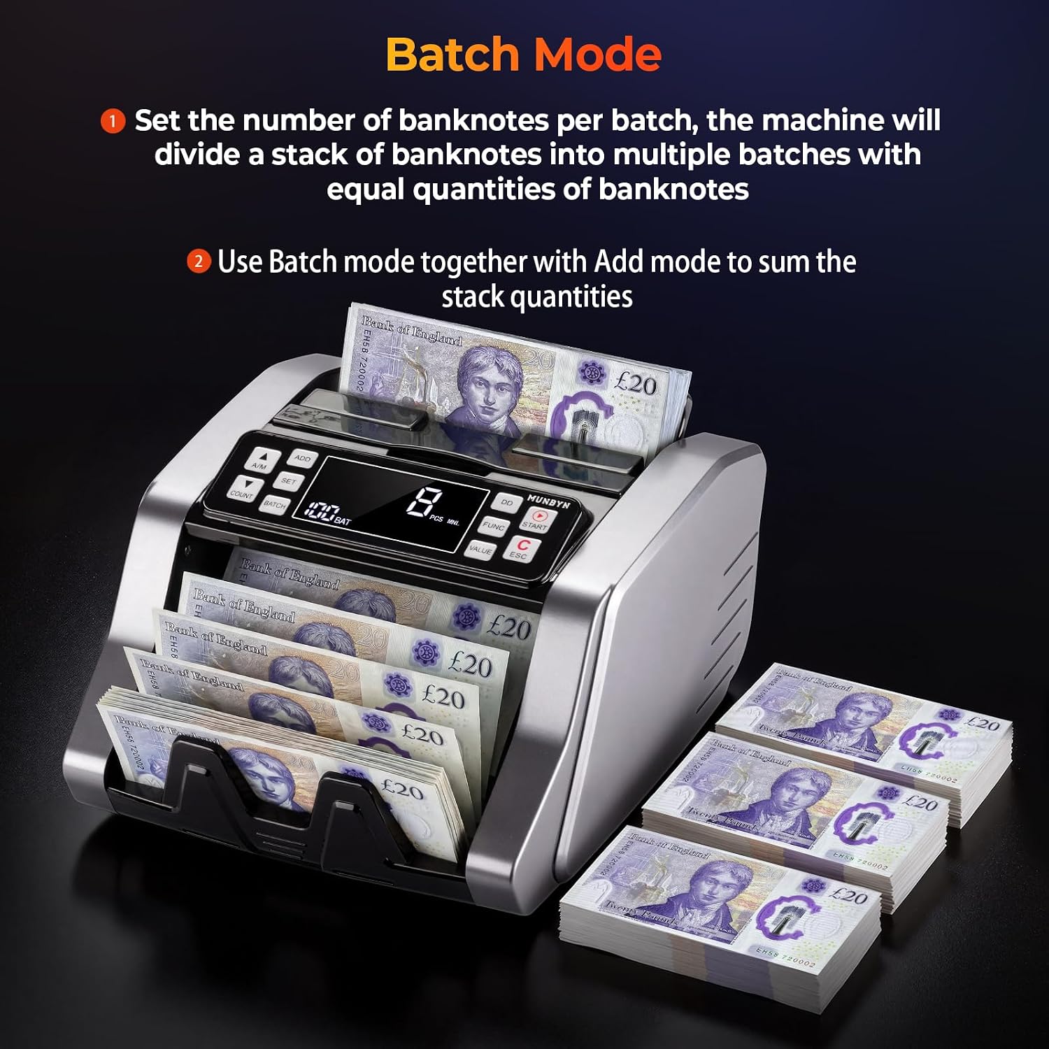 Thumbnail 4 de MUNBYN IMC20 Money Counter Machine UK with Value Count for GBP/EUR/USD