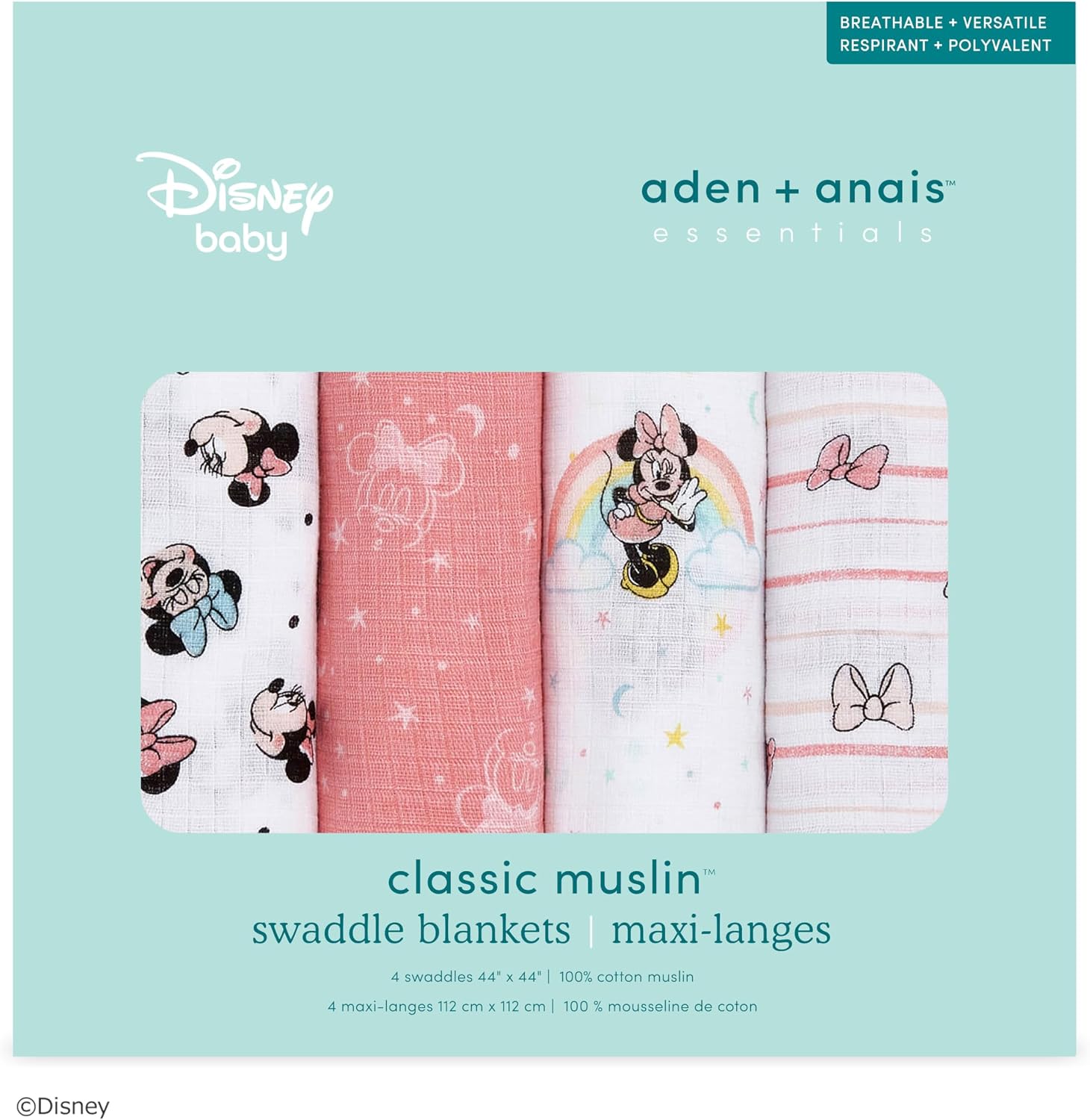Detalle de aden + anais essentials SWADAEDESWC40005DIJB おくるみ4枚セット ミニーマウス柄 モスリンコットン 112x112cm