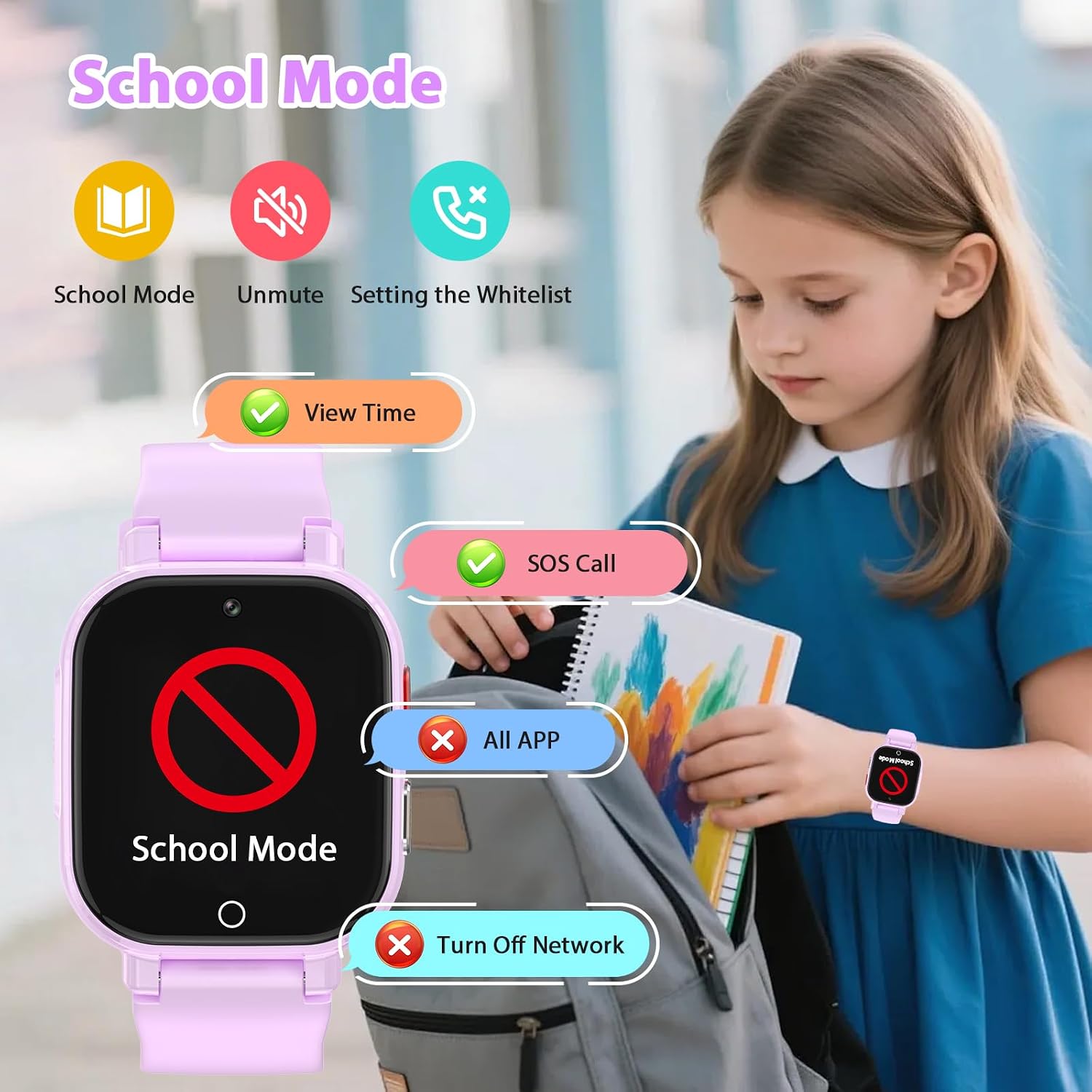 Detalle de Smartwatch Bambini 4G con Videochiamata, GPS, SOS e Modalità Classe – Lila-8A