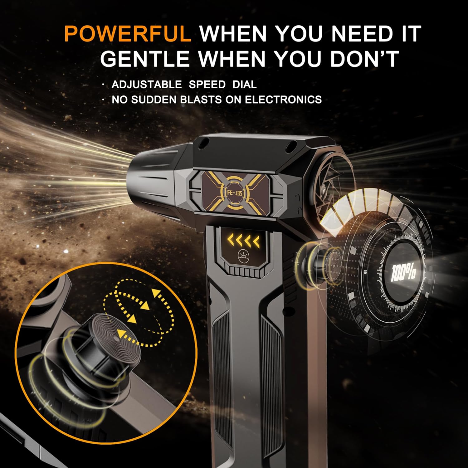 Detalle 2 de FE-J35 Compressed Air Duster: Powerful Turbo Air Flow, 130000 RPM, LED Light, 8000mAh Battery