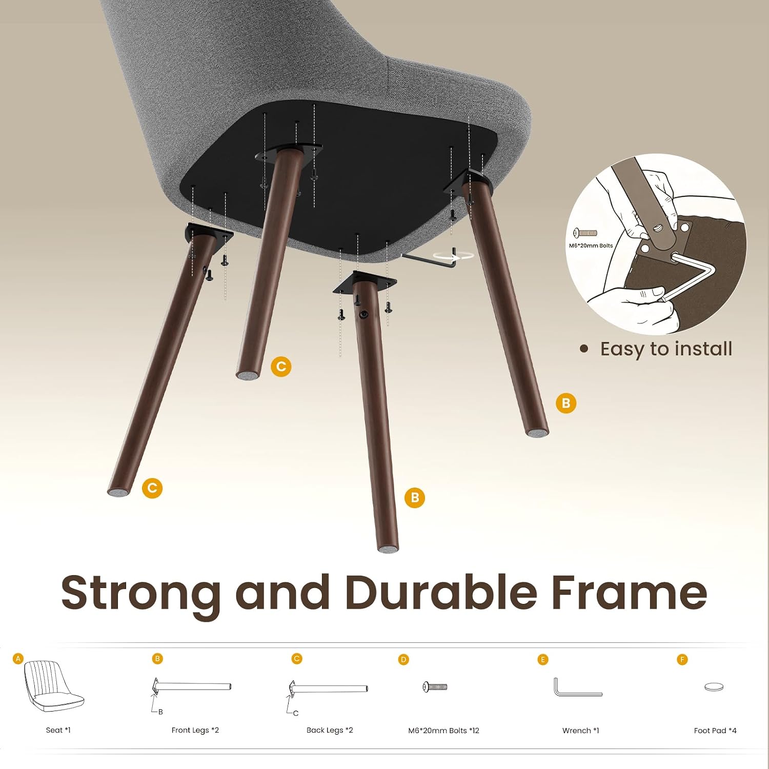 Thumbnail 6 de MALOL VC-DCW21-GY-FB Dining Chairs, Grey Fabric, Set of 2