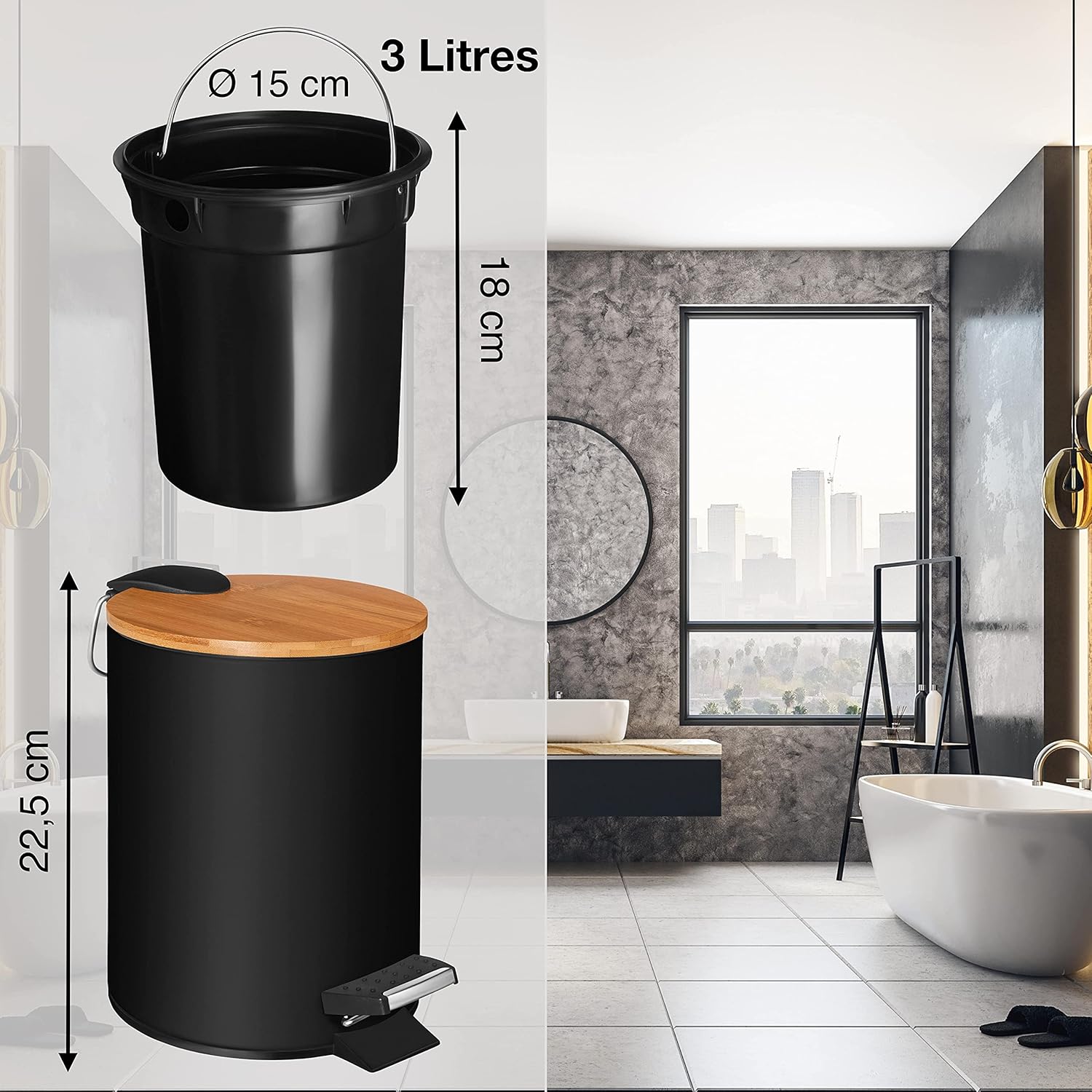 Thumbnail 1 de VMbathrooms Poubelle de salle de bain 3 L – design noir élégant, pédale et Soft Close