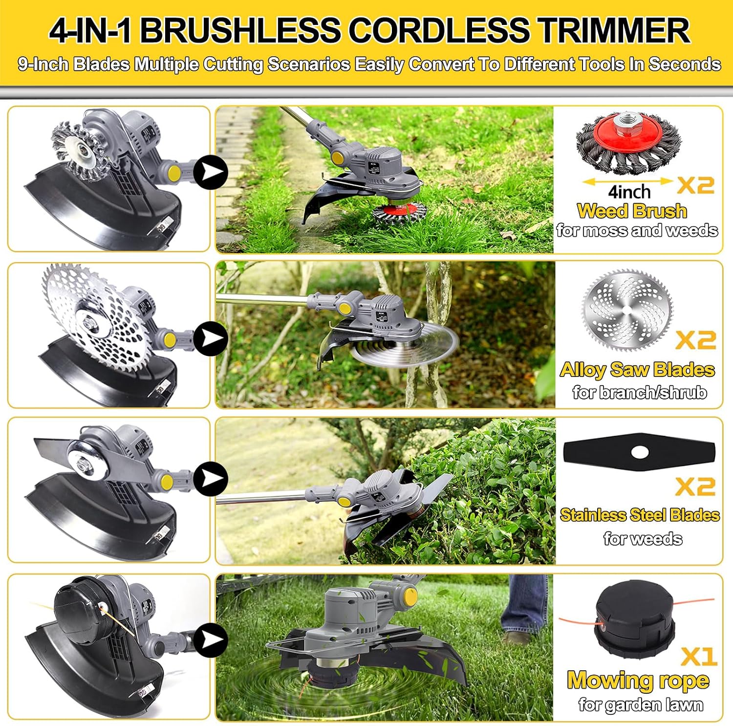 Thumbnail 3 de Cordless Grass Trimmer 21V Strimmer with 2 x 4000mAh Batteries and 4 Types Blades