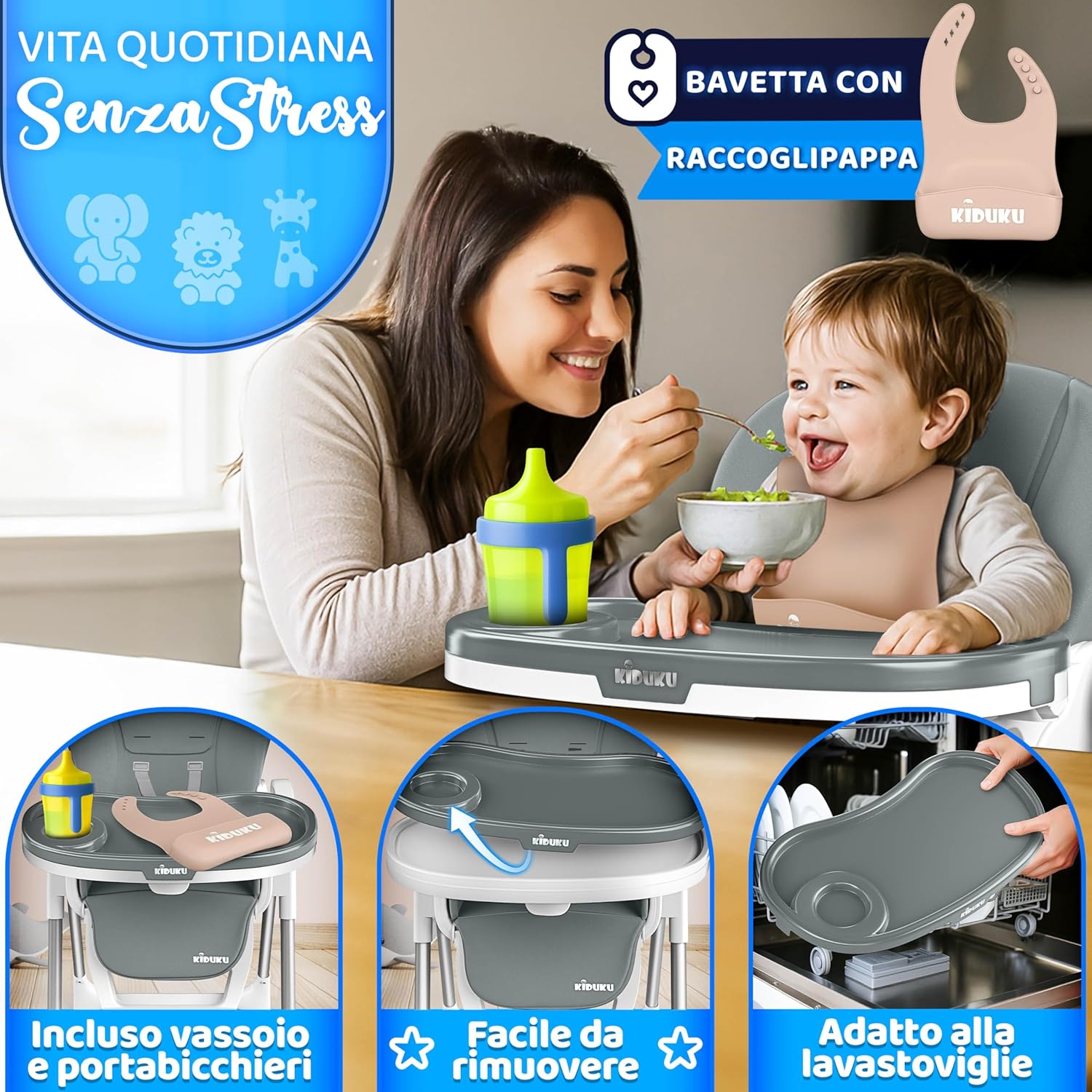 Thumbnail 3 de KIDUKU Seggiolone Pappa Neonato 3 in 1 con riduttore e bavaglino, pieghevole, regolabile 7 livelli (grigio chiaro)