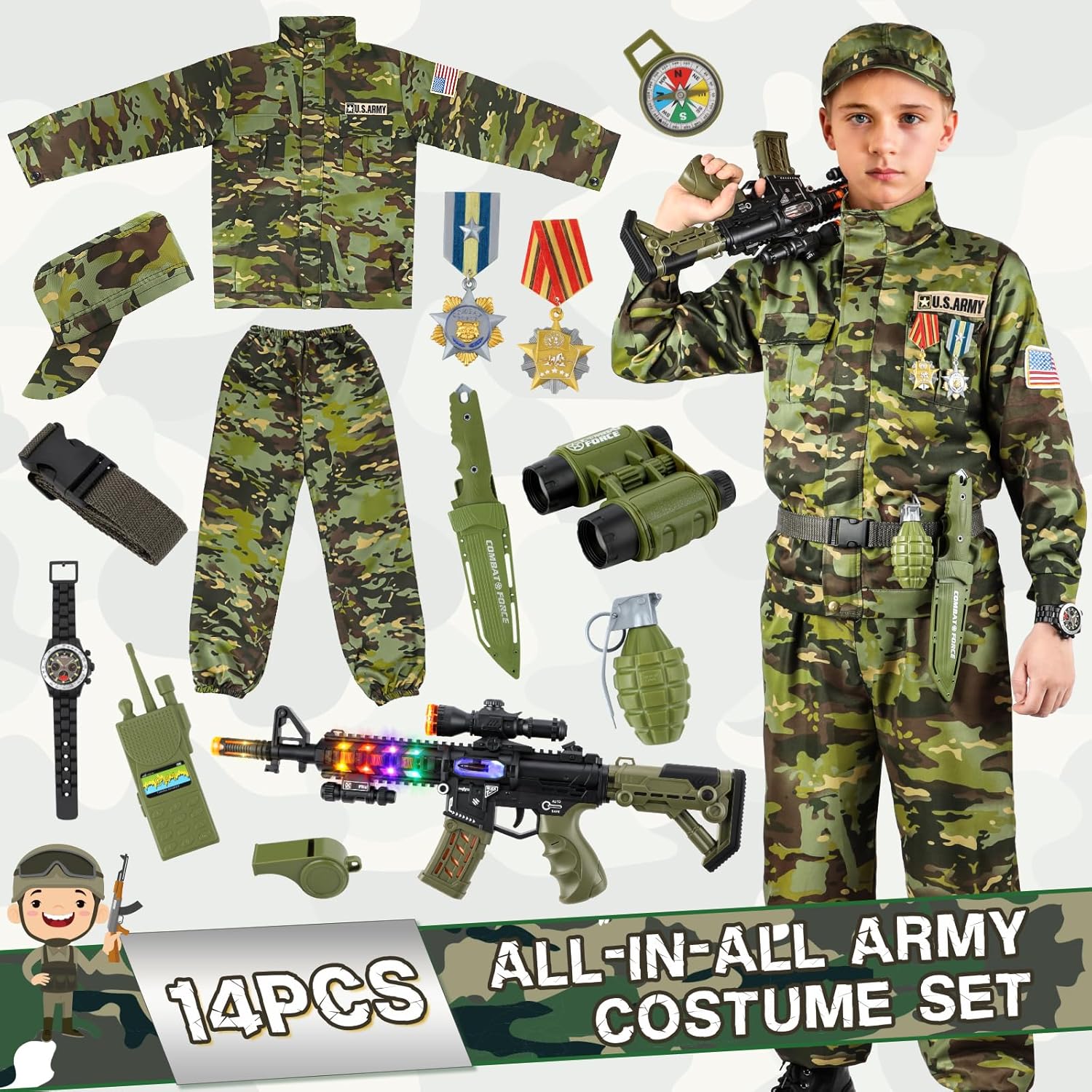 Thumbnail 4 de Metemot Kids Army Costume for Boys: Deluxe 14-Piece Army Dress-Up Set