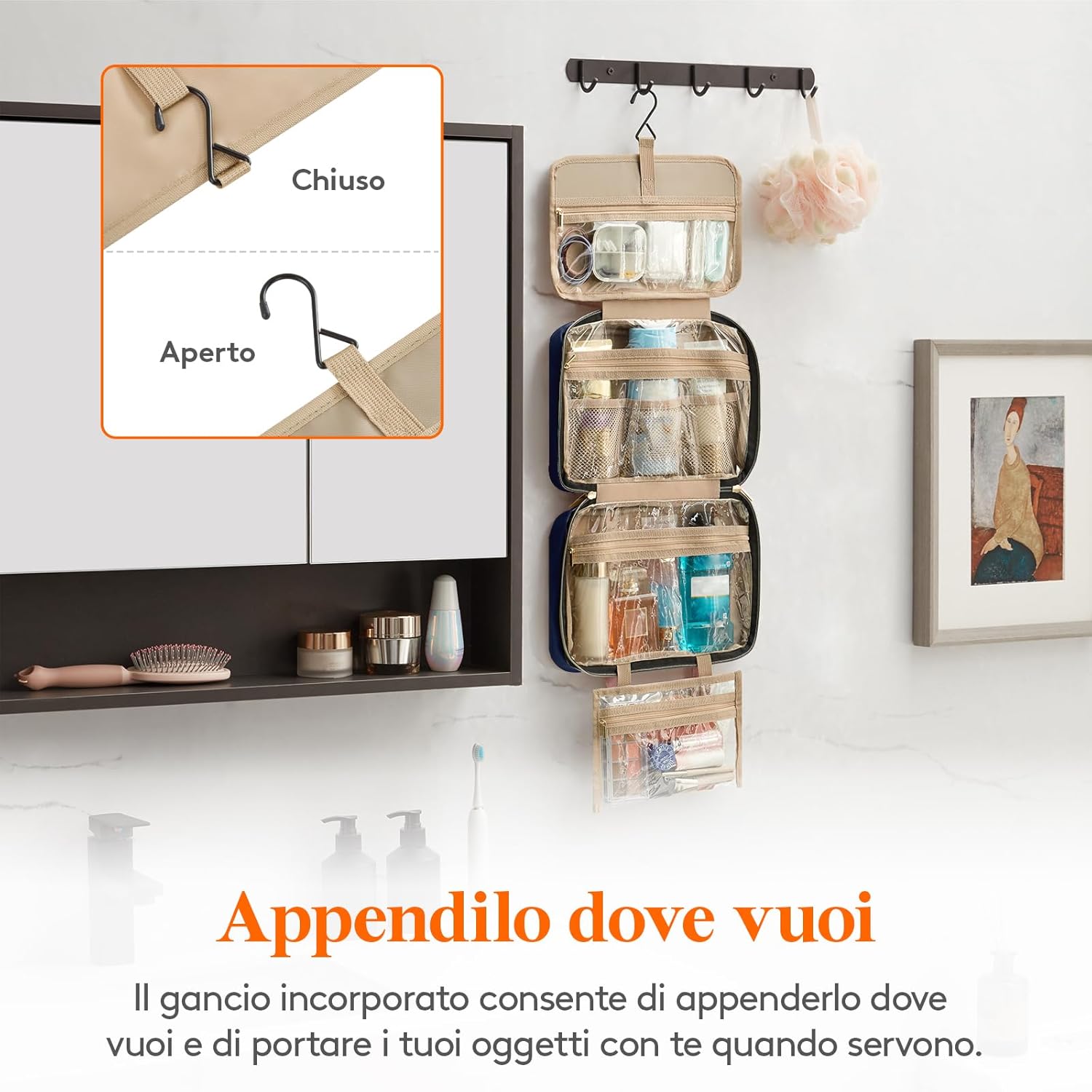 Detalle 2 de Lifewit Beauty Case da Viaggio Donna, Grande – Trousse da Appendere con 4 Scomparti Trasparenti