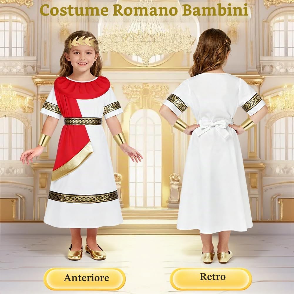 Detalle 2 de Costume da antica Grecia Romana BSBUY per ragazzi e ragazze, bianco e rosso (toga/abito lungo con cintura)
