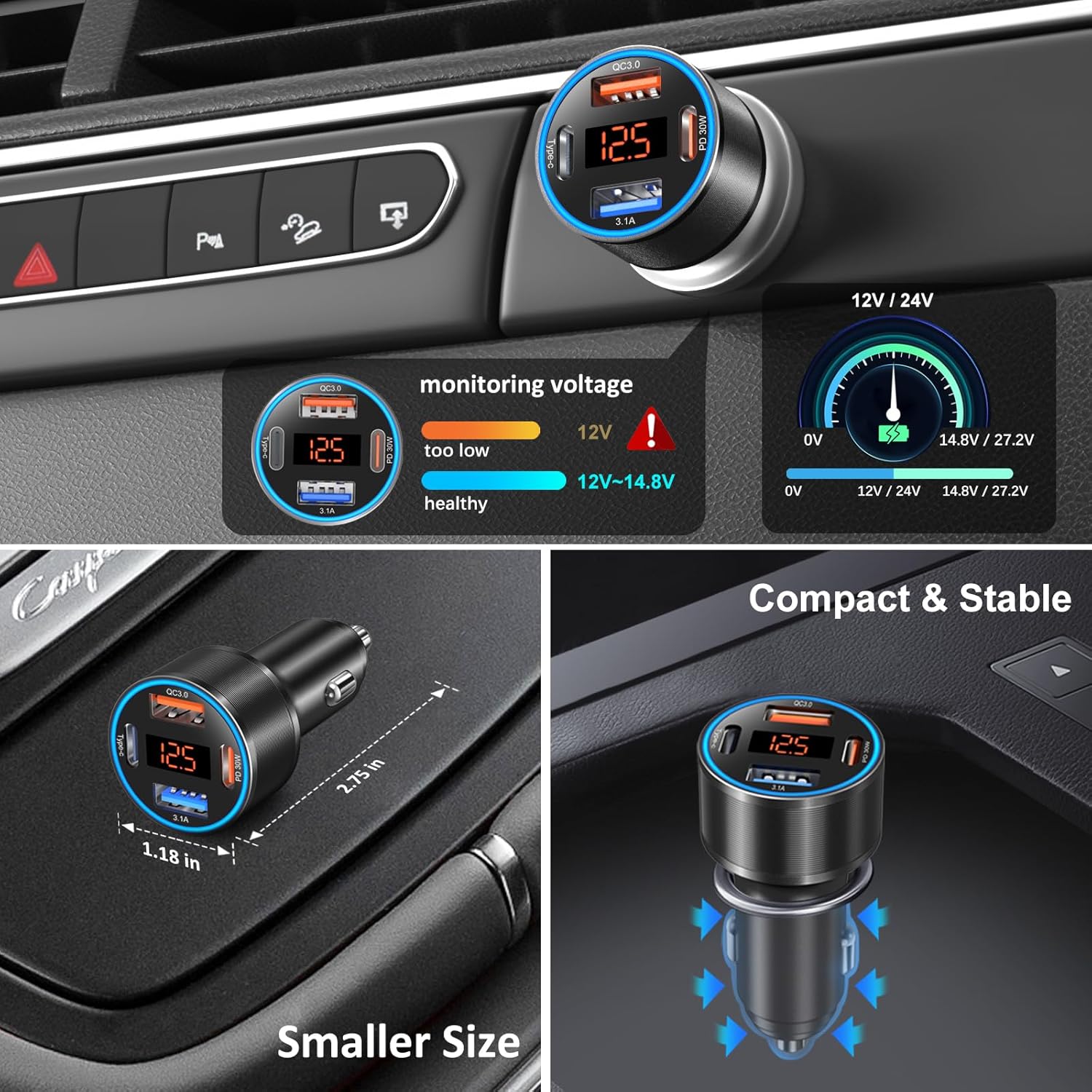 Thumbnail 4 de 3-Pack 65W USB-C Car Charger with 4 Ports (2x USB-C + 2x USB-A) and Voltmeter – PD 3.0 / QC 3.0 Fast Charging