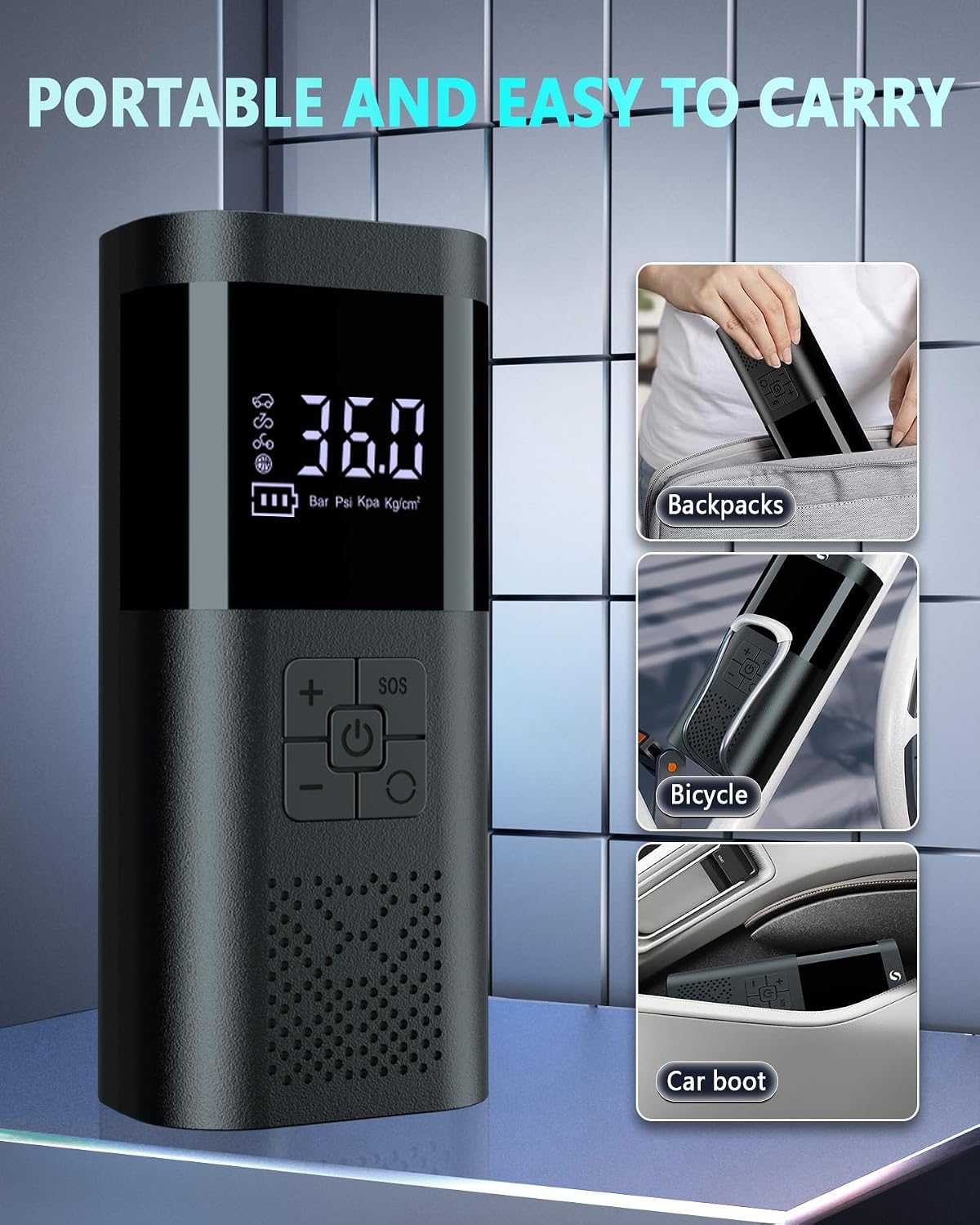Detalle de SERVOMASTER Elektrische Luftpumpe: Kompakte Akku-Kompressor-Pumpe mit Display, LED und Vielseitigkeit