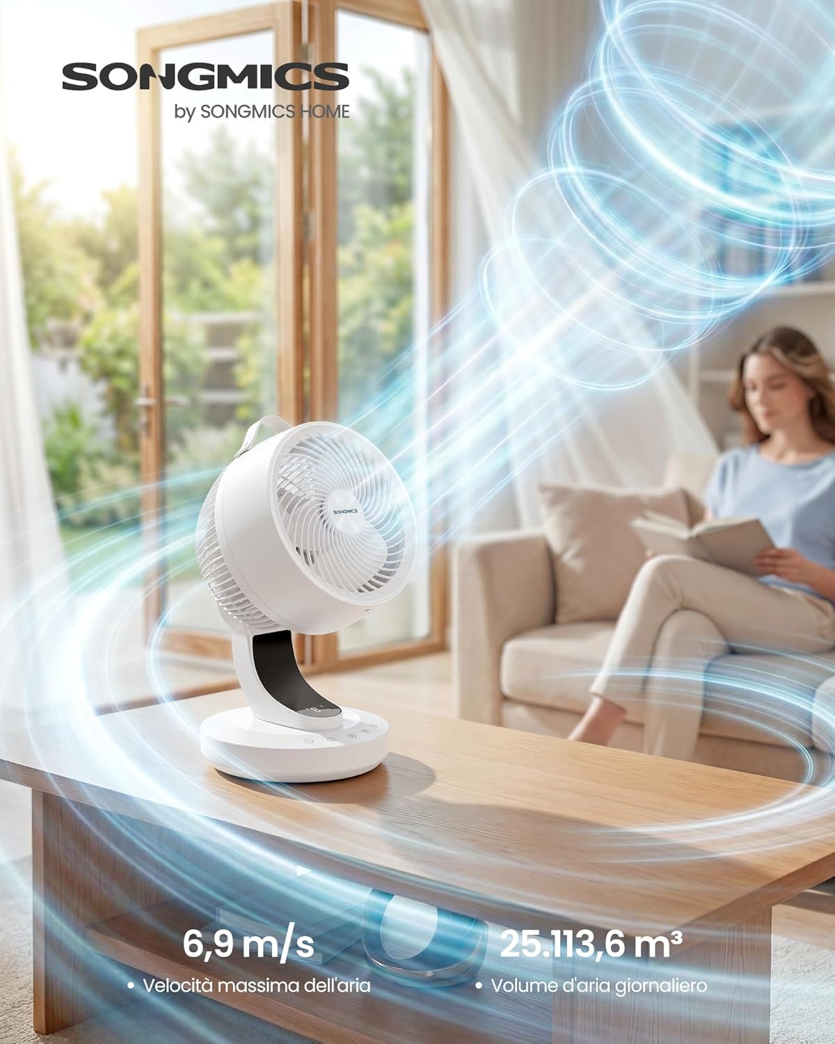 Detalle 2 de SONGMICS Ventilatore da Tavolo XFC001W1EU: Silenzioso, 8 Velocità e Controllo Remoto per la Camera da Letto