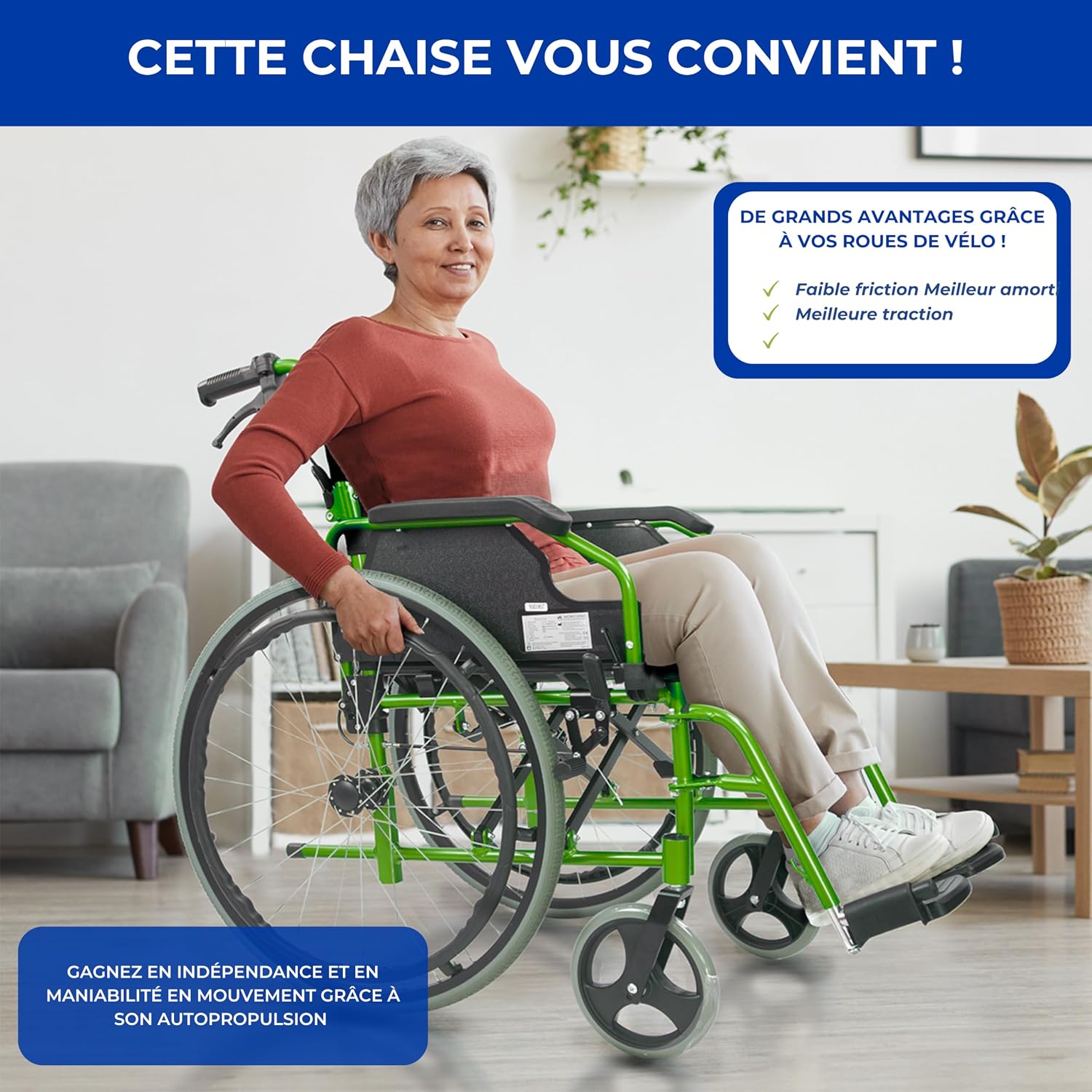 Thumbnail 3 de Mobiclinic Bolonia — Fauteuil roulant pliable et léger en aluminium, dossier fendu et accoudoirs rabattables, vert