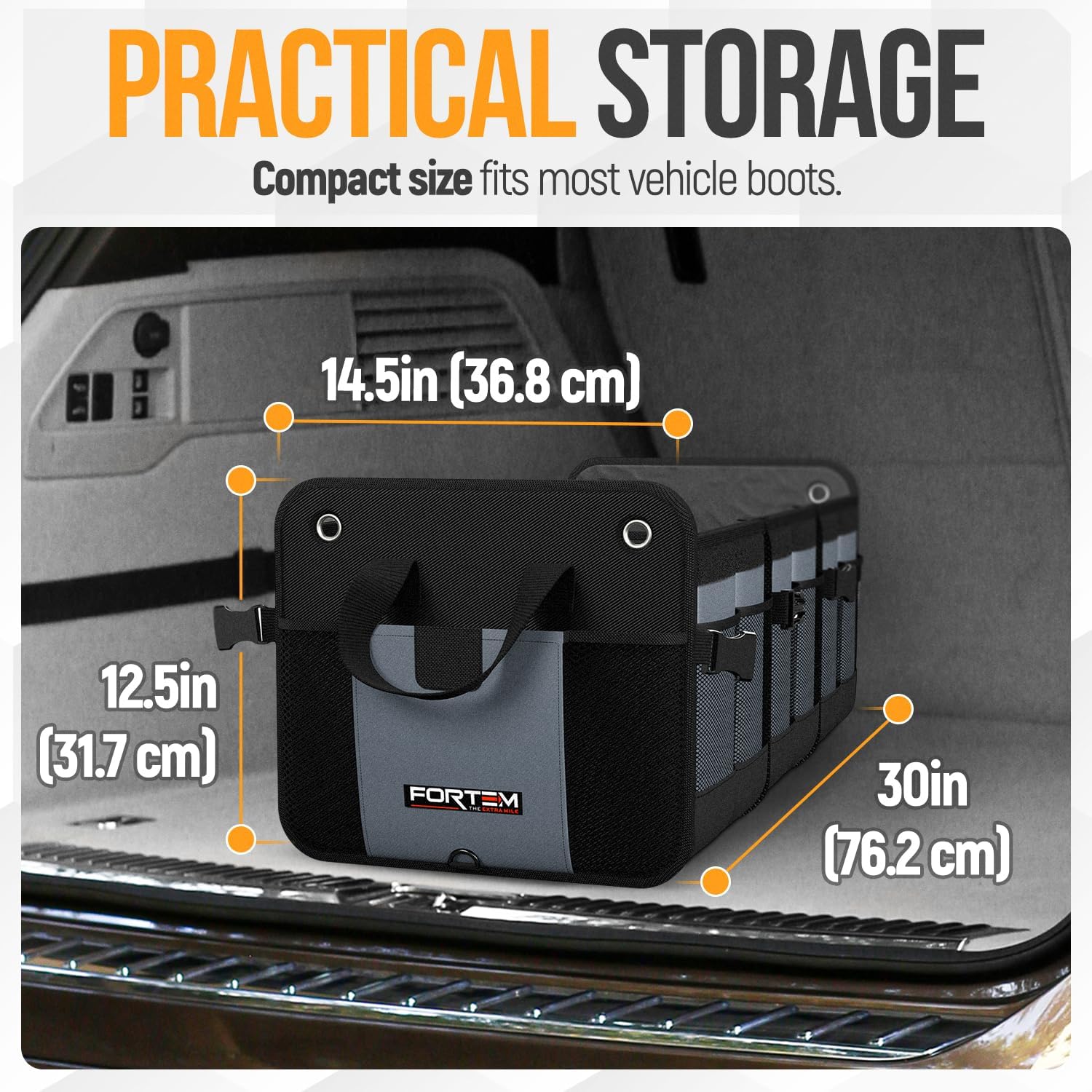 Detalle de Fortem Car Boot Organiser (Collapsible Multi-Compartment, 90L) for SUV Trunk Storage