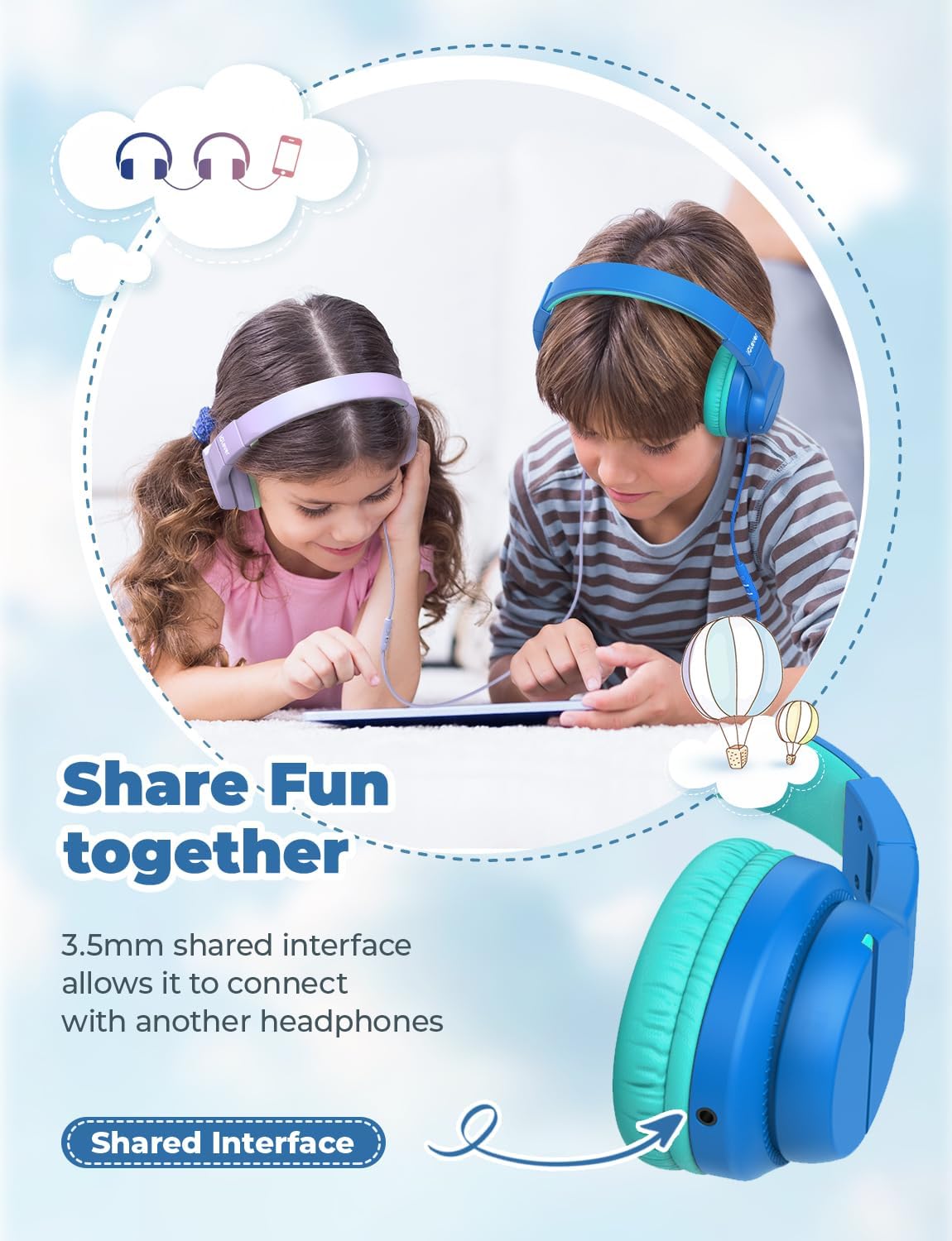 Detalle de iClever Kids Headphones for School or Travel (2 Pack) – Safe 85dB Volume, 40mm Drivers, Foldable Wired Headphones with Mic