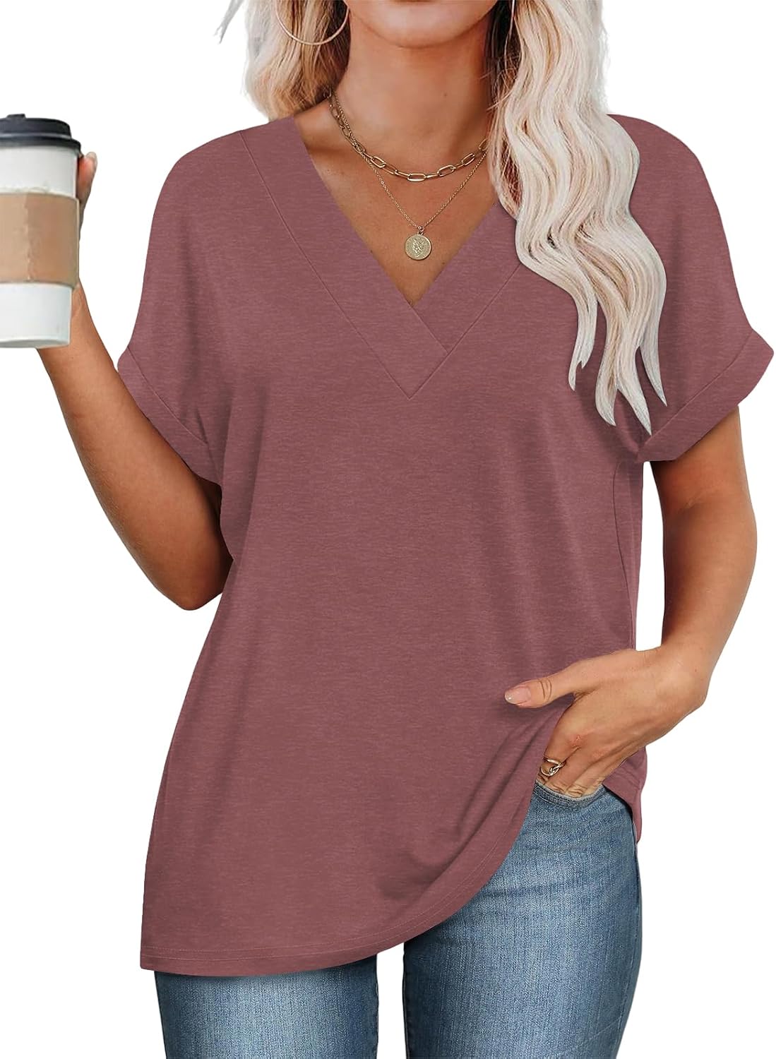 Detalle de Cuptacc Damen T-Shirt, Kurzarm V-Ausschnitt – locker & elegant
