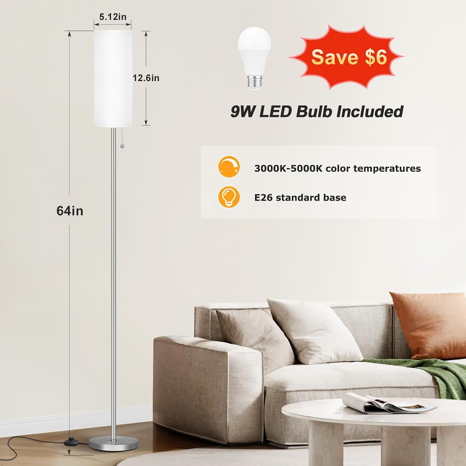 Detalle de Ambimall Z5V8W2 Floor Lamp, 3 Colour Temperatures and Pull Chain