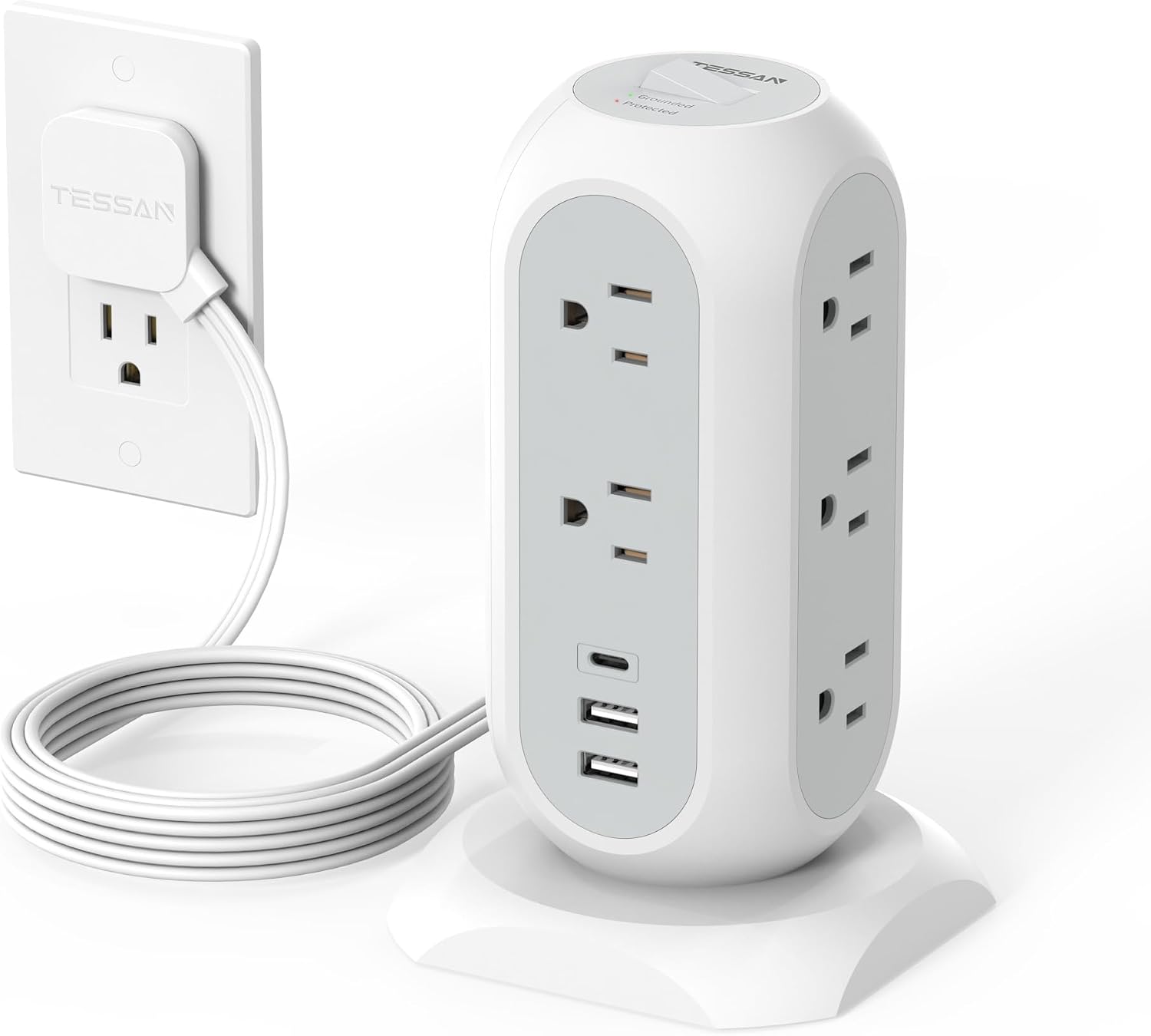 Detalle de TESSAN TPS02-US Tower Power Strip, 11 Outlets, 3 USB Ports, 1050J
