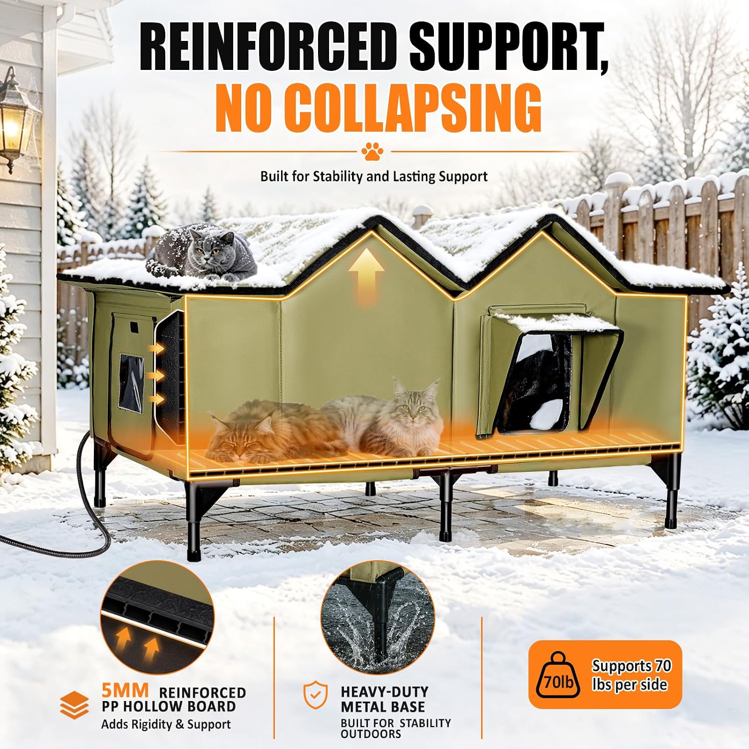 Detalle de VILRAK CH003 Heated Outdoor Cat House, XXL Insulated Shelter with Heating Pad