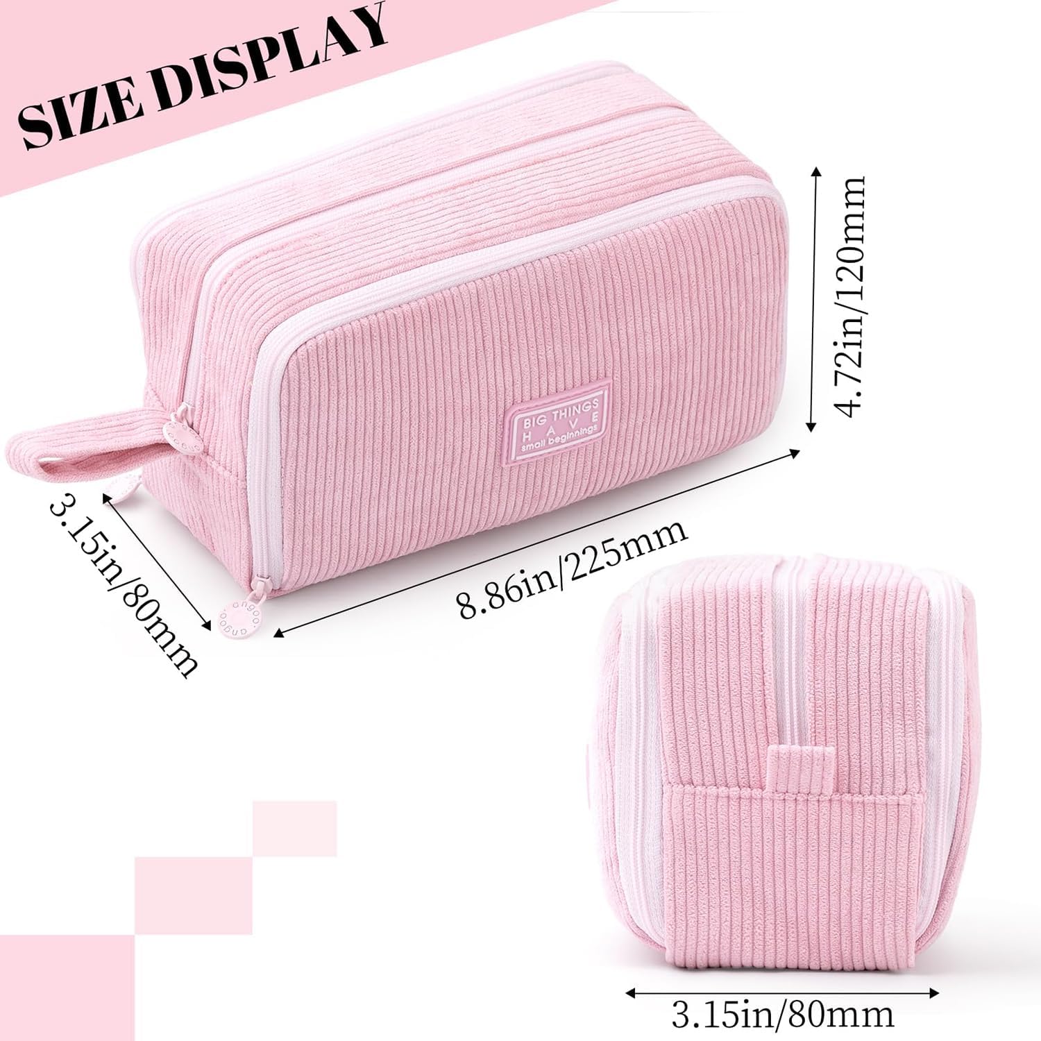 Detalle de VICDUEKG Federmäppchen aus Cord-Stoff – 3 Fächer, Rosa, mit großer Kapazität