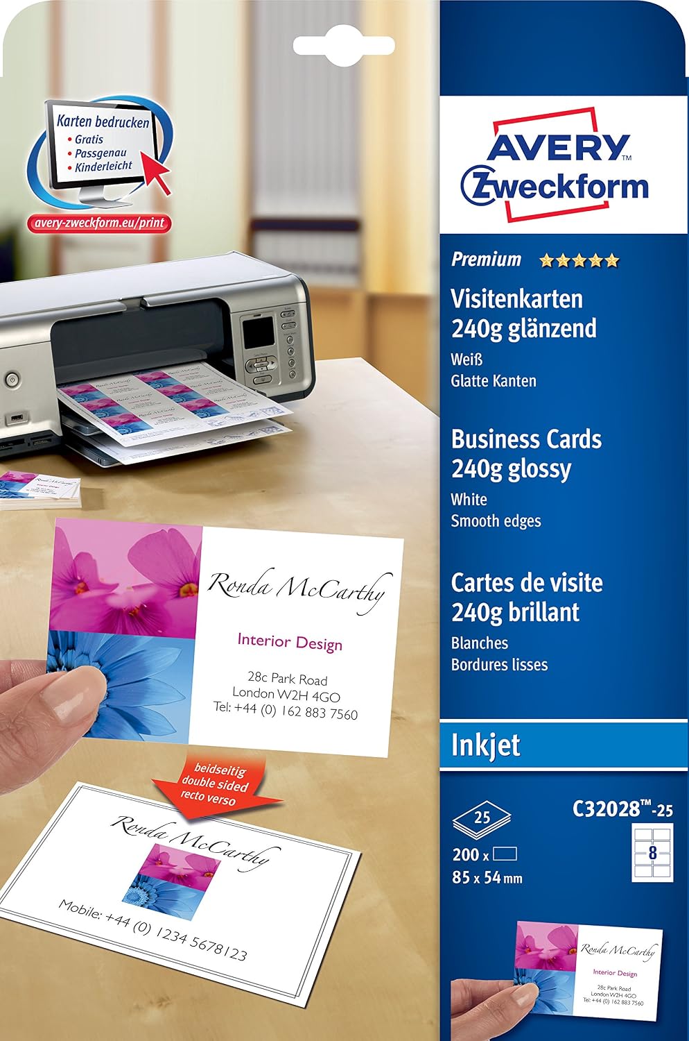 Detalle de Avery Zweckform C32028-25 visitekaartjes voor inkjetprinters, 220 g, glanzend