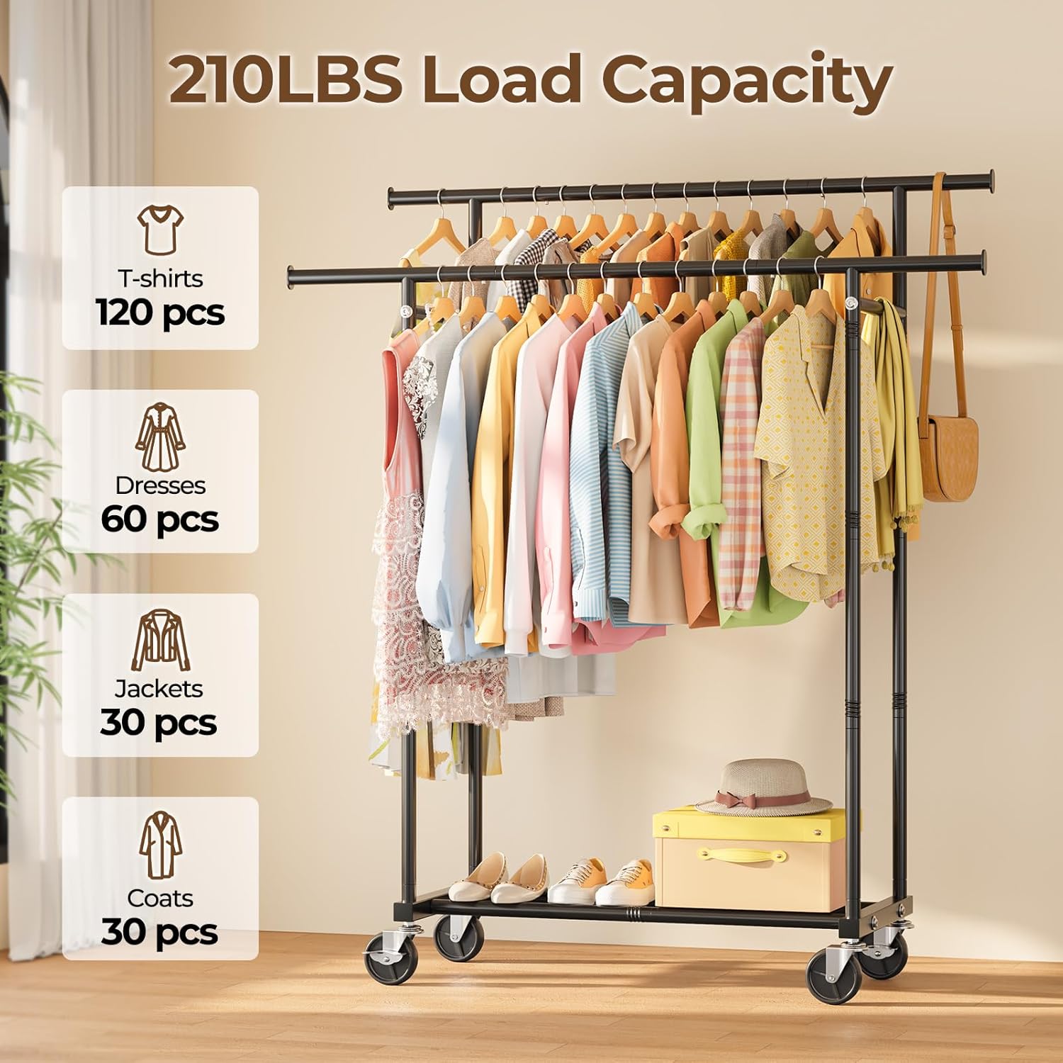 Thumbnail 2 de HYSEYY Double Rod Clothes Rail with Lockable Wheels – 160H x 113W x 42D cm, Black