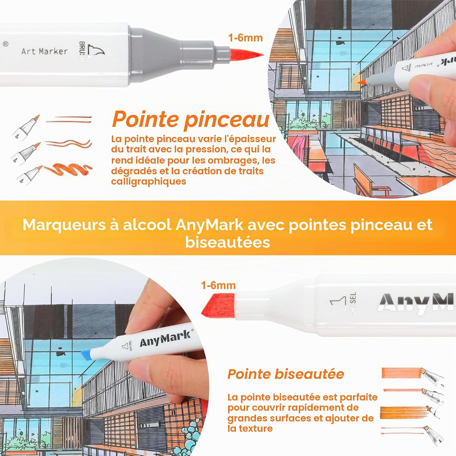Detalle de AnyMark Feutres à Alcool 120+1 Couleurs à Pointe Pinceau et Biseautée — Ensemble professionnel pour Manga et Illustration