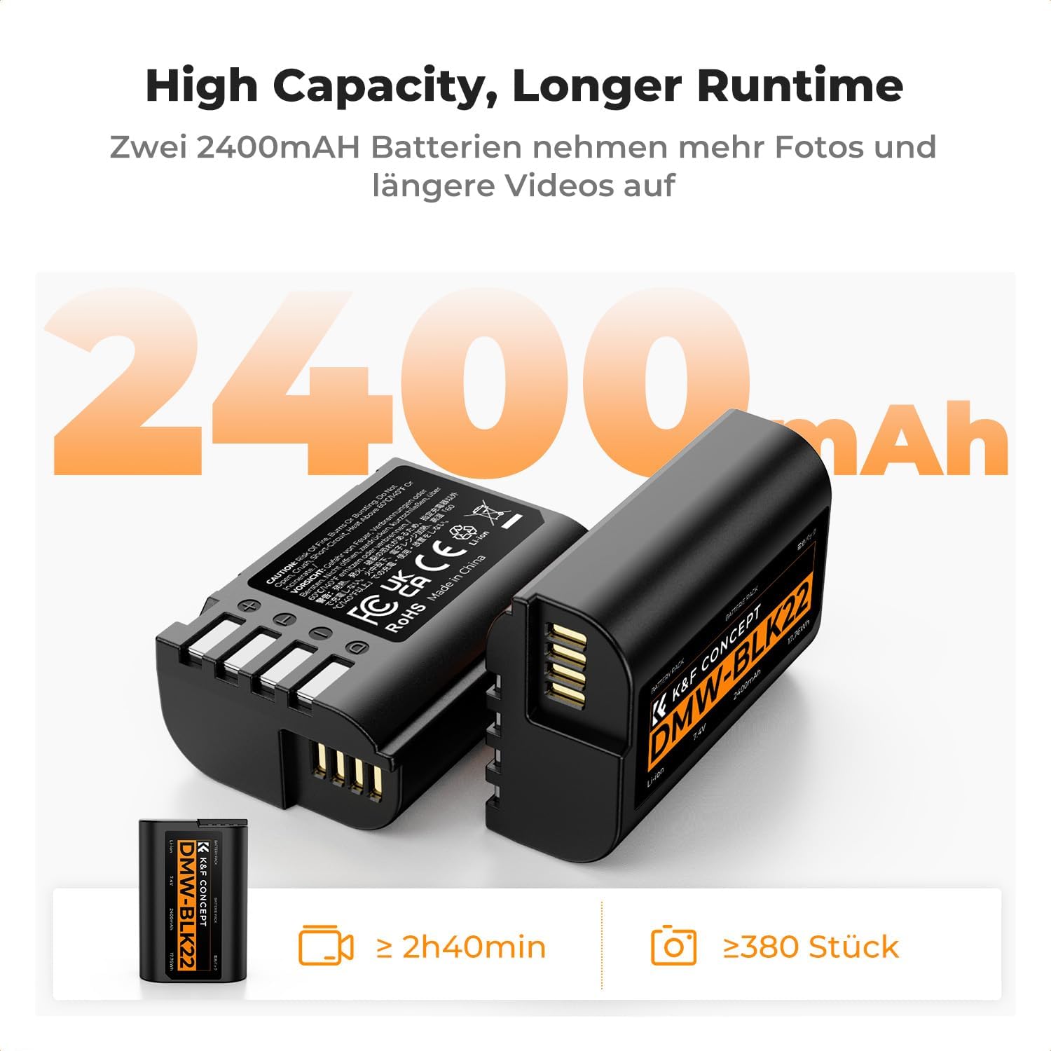Detalle 2 de K&F CONCEPT DMW-BLK22 Akku 2er-Pack (2400 mAh) + LCD Dual-Slot-Ladegerät für Panasonic Lumix