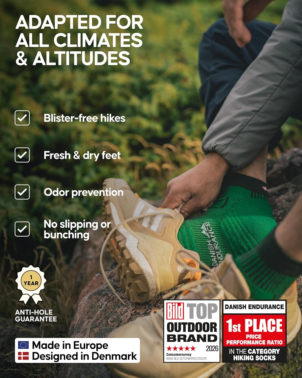 Thumbnail 2 de Danish Endurance Hiking Socks Set (Merino Wool, Anti Blister) – Unisex 3-Pack with Crew, Low Cut & Ankle Styles