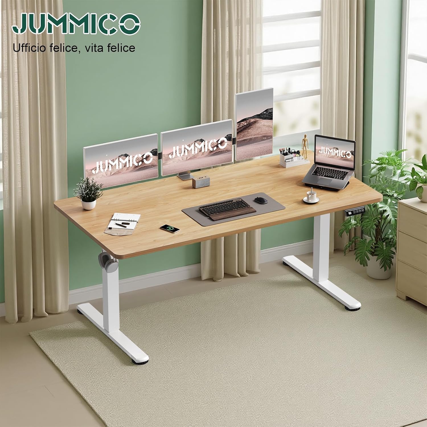 Thumbnail 6 de JUMMICO Scrivania regolabile in altezza 100×60 cm beige – telecomando a 4 tasti e memoria