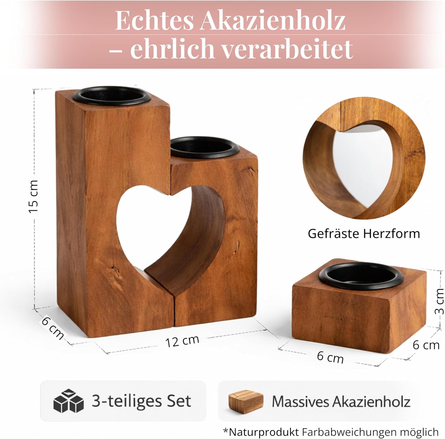 Thumbnail 2 de Muttertagsgeschenk: Teelichthalter Herz aus Akazienholz (3-teilig, 15 cm) von Plogis