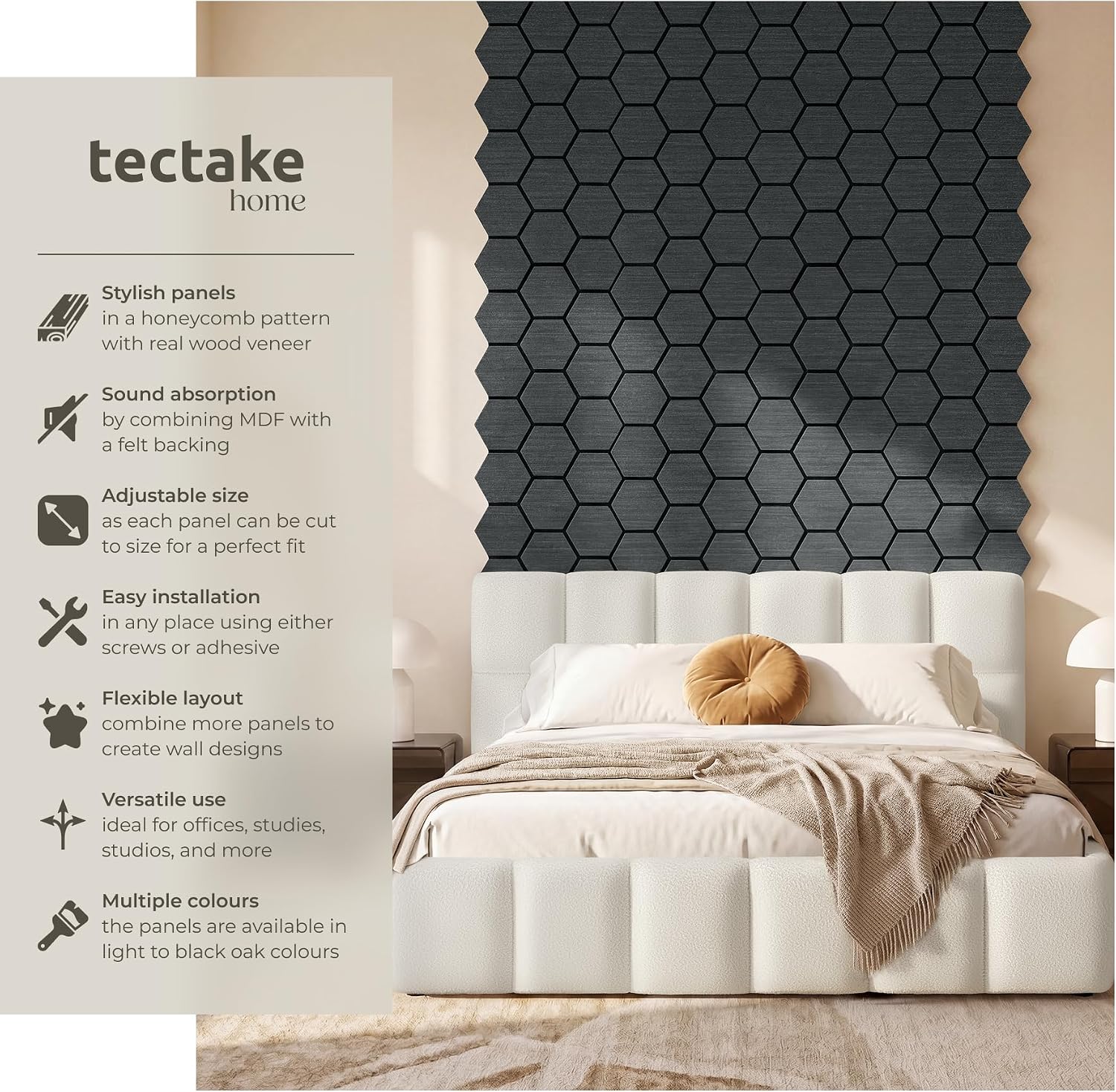 Detalle 2 de tectake Sonic Shield akustikpaneler, 76 × 62 cm, svart ekfanér, kapbara