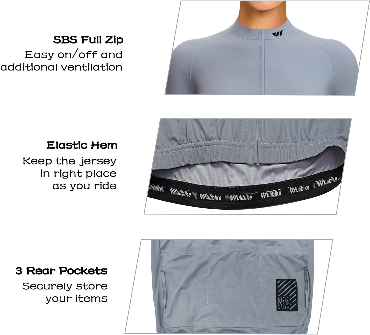 Detalle de Wulibike Damen Langarm Radtrikot mit 3 Rückentaschen – atmungsaktives, schnelltrocknendes Fahrradtrikot