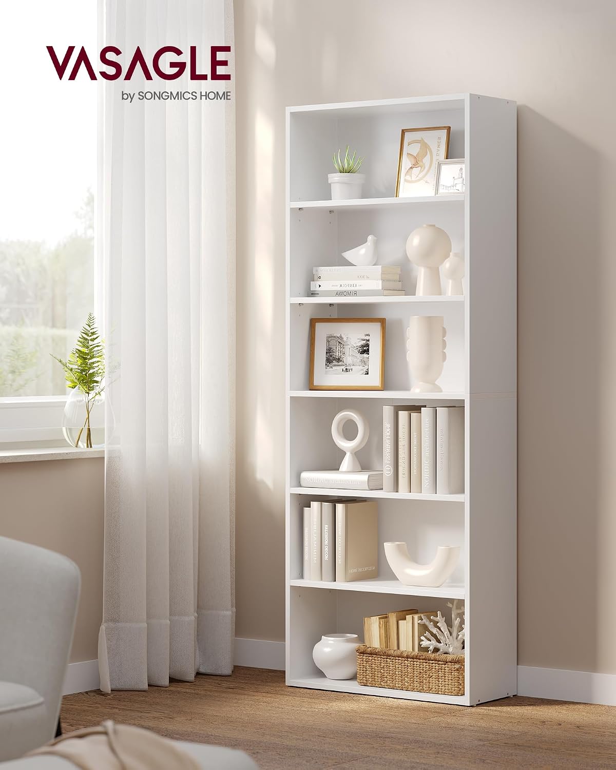 Detalle de VASAGLE Scaffale a 6 ripiani LBC166T14 in bianco nuvola, libreria portaoggetti con ripiani aperti e regolabili