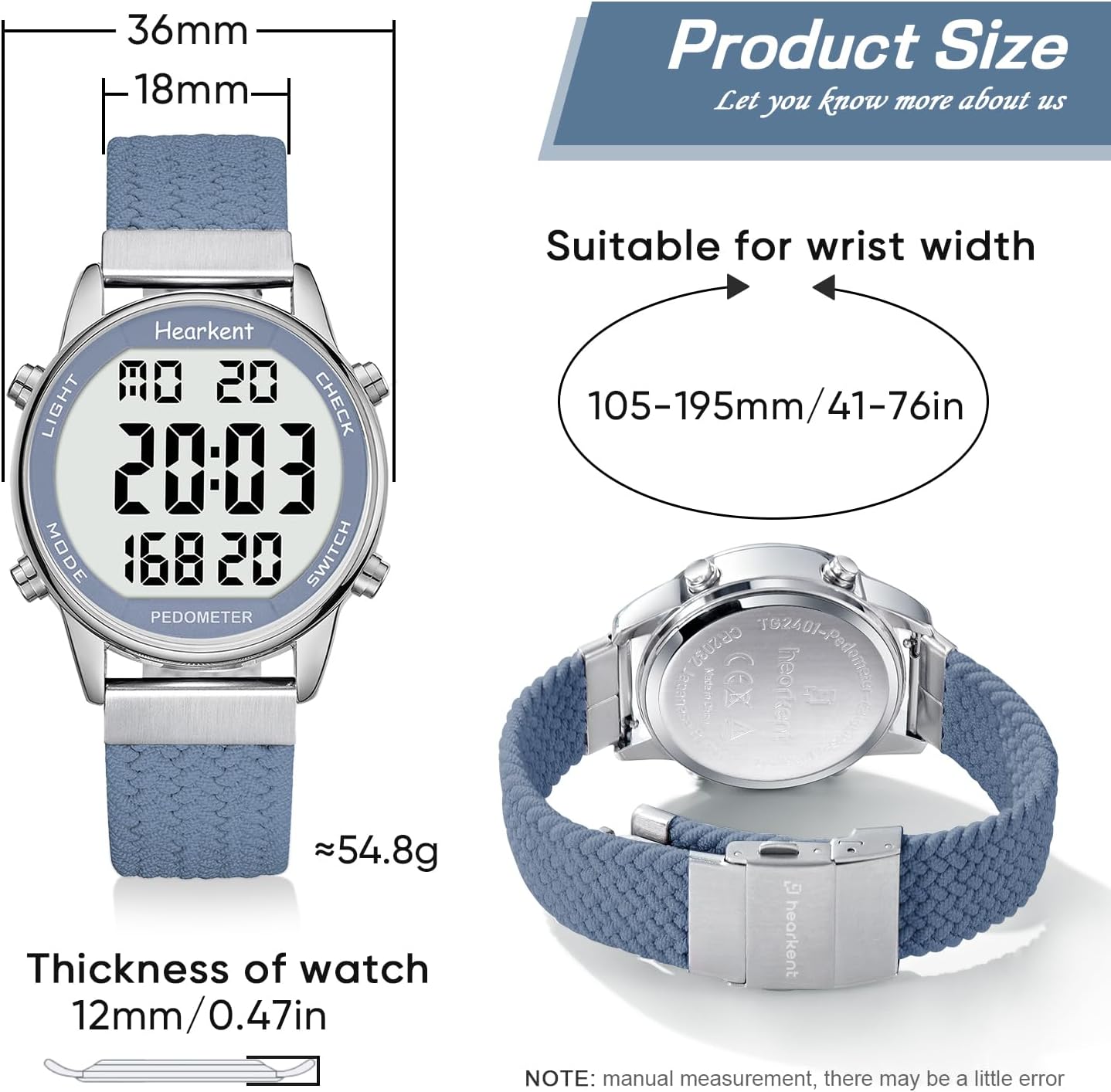Detalle 2 de Hearkent Pedometer Watch for Women – Non-Bluetooth Step Tracker with Large LCD, 30M Waterproof