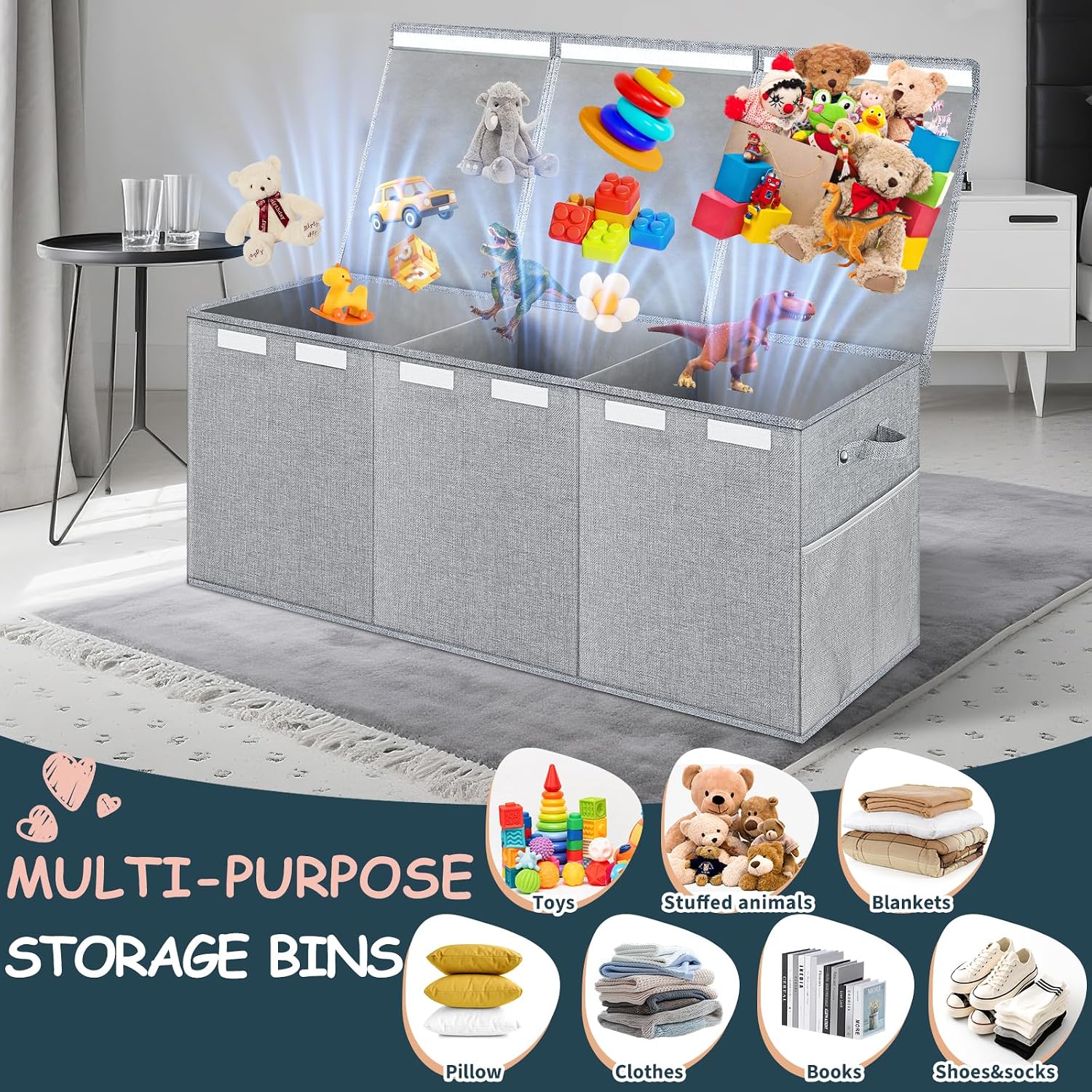 Thumbnail 4 de Rocamdo 663942 Toy Box, 38-Inch Collapsible Linen Bin with 3 Lids