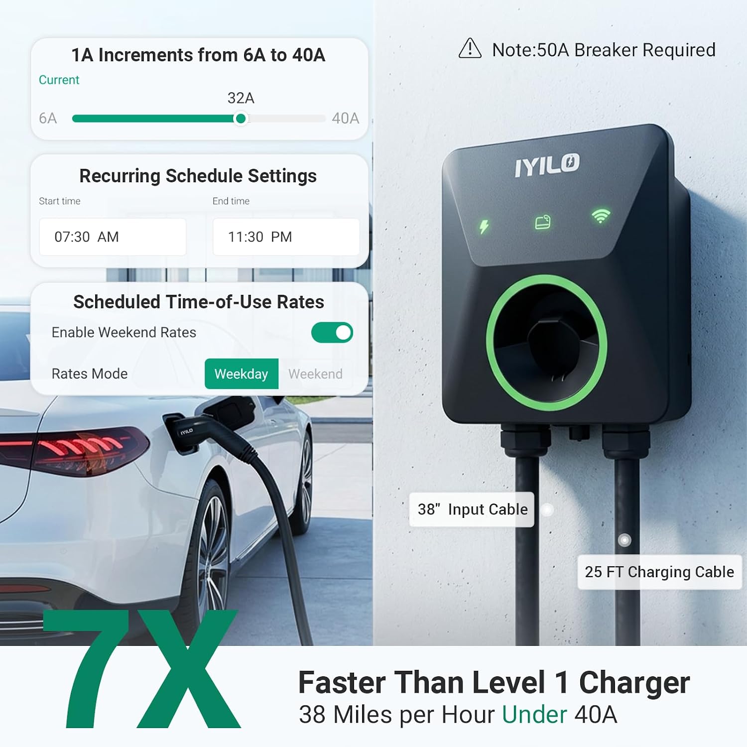 Detalle de IYILO Level 2 EV Charger (40A/9.6kW) J1772 with Wi‑Fi, RFID & Dual Temp Sensors, NEMA 14-50P, ETL & Energy Star