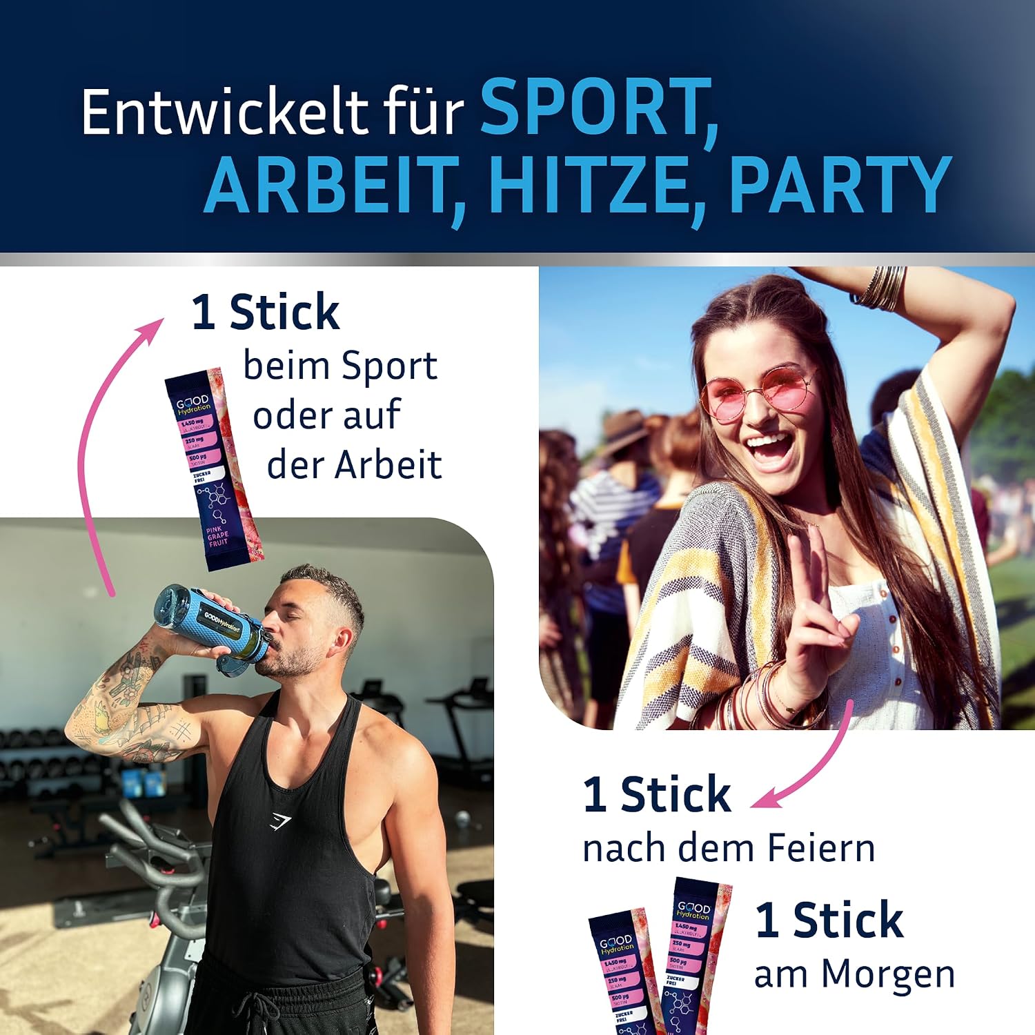 Detalle 2 de GOOD Hydration® Rehydration Booster Grapefruit Elektrolyt-Pulver (1.450 mg) ohne Zucker – 24 Sticks