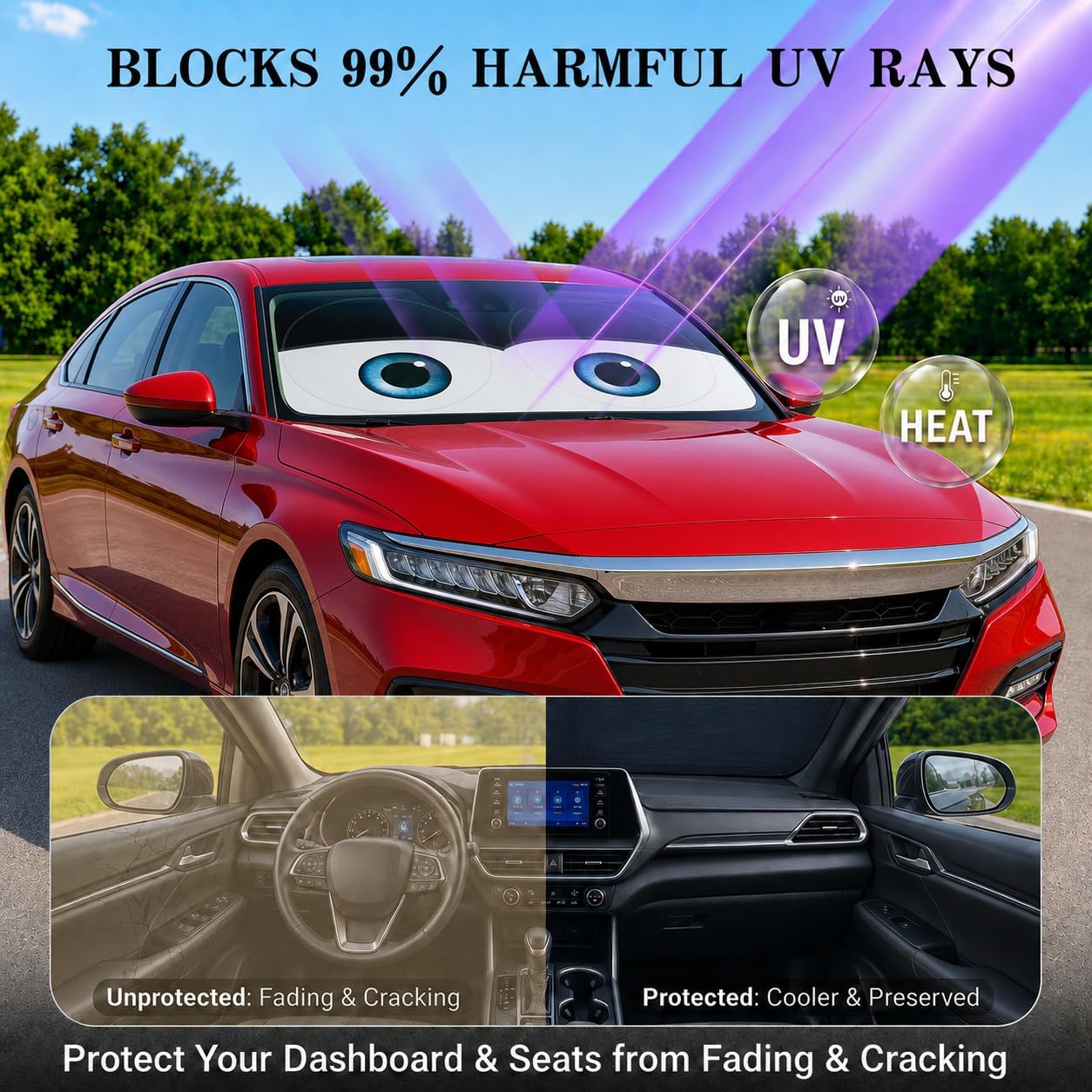 Thumbnail 2 de Car Windshield Sun Shade, Classic Black Eyes, 63 x 31.5" — Universal Mid-Sized Sedan & SUV