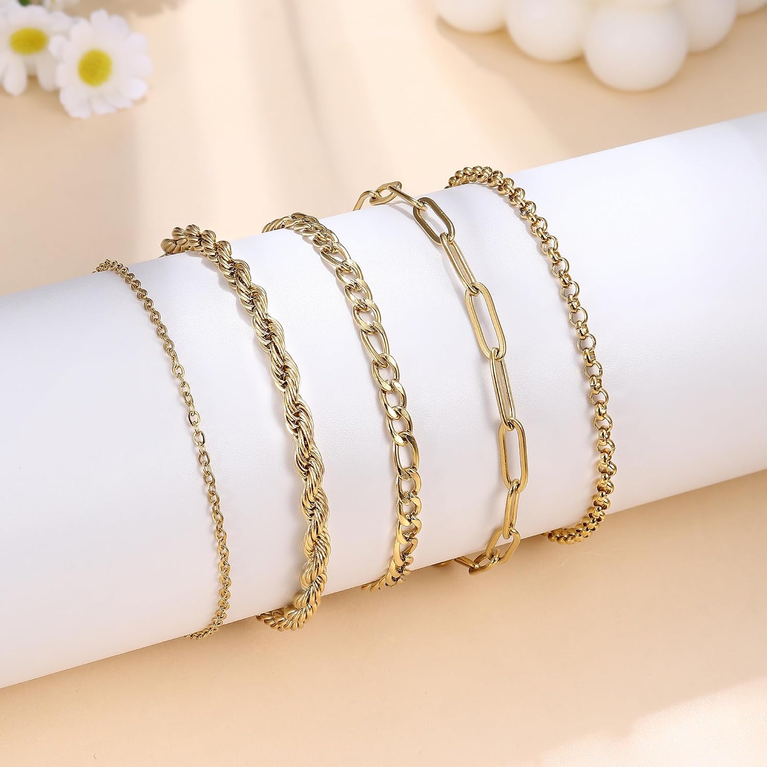 Thumbnail 4 de Finrezio 3–5er-Armband-Set für Damen in Gold (14 Karat vergoldet) aus Edelstahl – Figaro, Perlen & Ketten mit Verlängerung