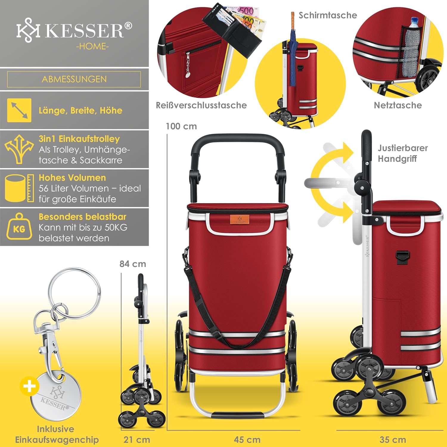 Thumbnail 6 de KESSER Einkaufstrolley klappbar 56 l (bis 50 kg) mit Kühlfach & Umhängetasche – Bordeaux Rot