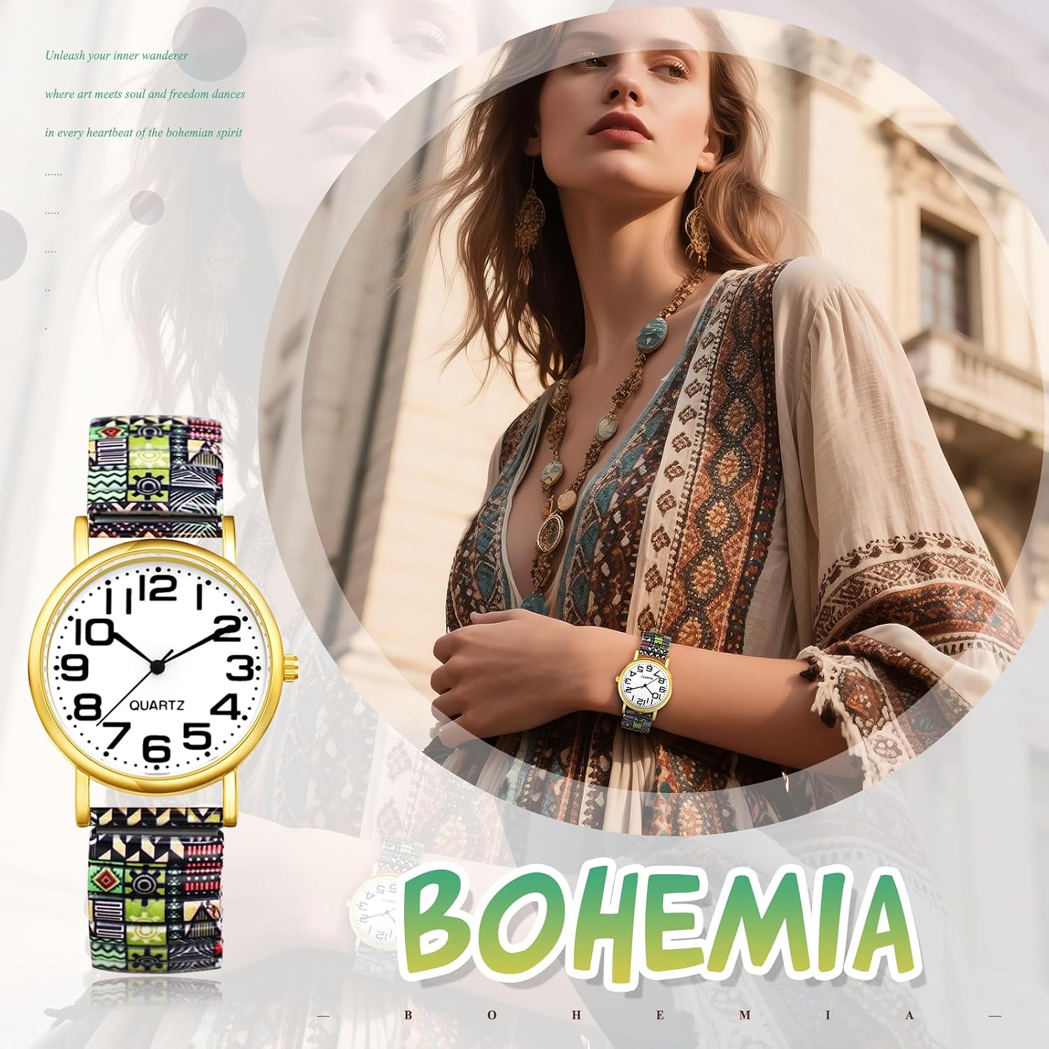 Thumbnail 5 de Avaner Damenarmbanduhr im Boho-Stil mit elastischem Stretchband und großen arabischen Ziffern