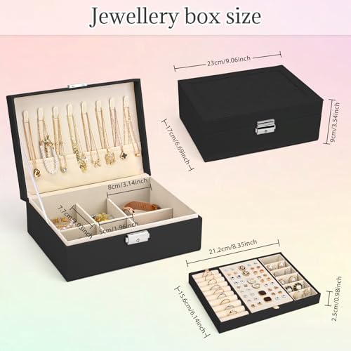 Detalle de Eucomir Joyeros Mujer: Joyero de Viaje 2 Capas en Cuero PU Negro, Organizador de Joyas