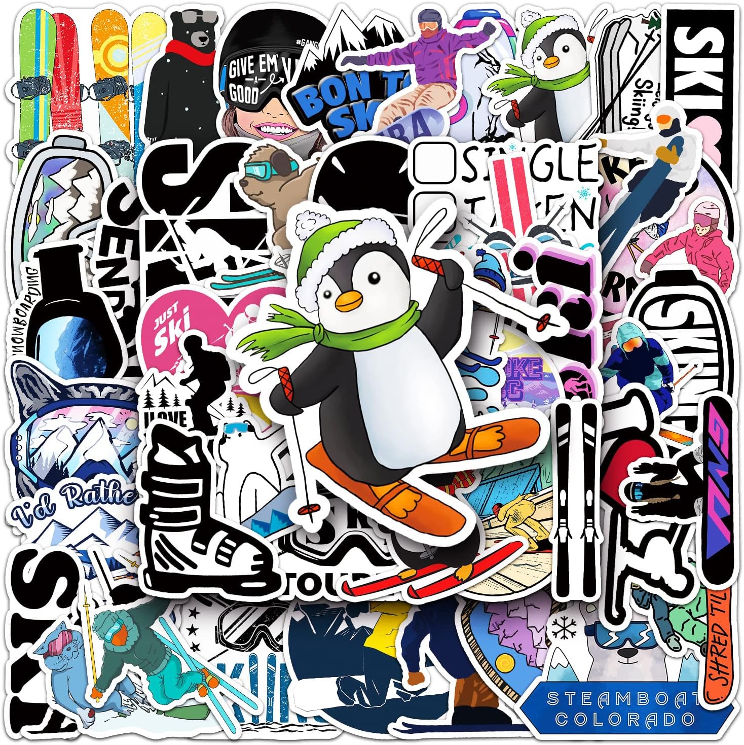 Ski Aufkleber Set – 50 Stück, Winter Skifahren Graffiti Vinyl-Aufkleber für Laptop, Koffer, Skateboard … wasserdicht