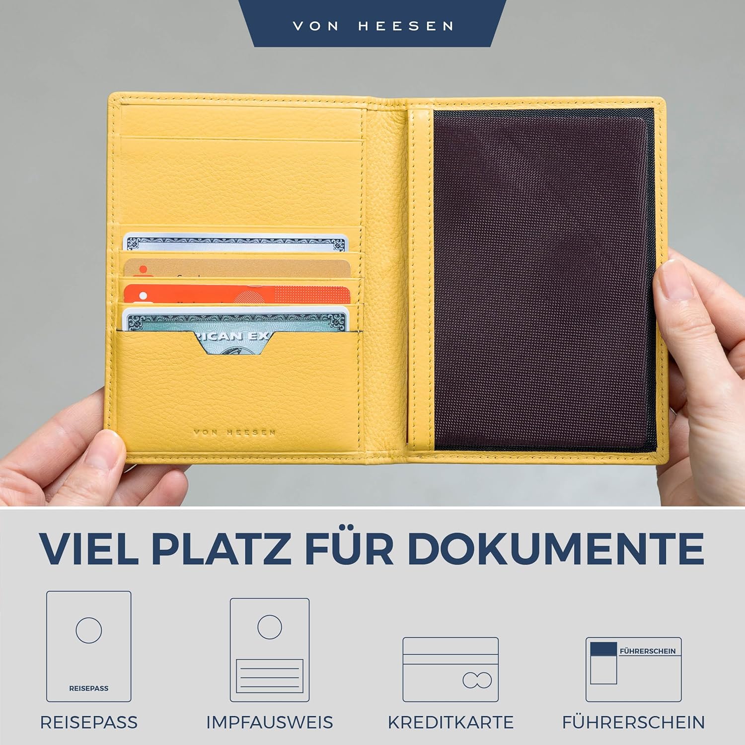 Detalle de VON HEESEN Reisepasshülle Leder Etui mit RFID-Schutz (Gelb) – Passhülle & Karten-Organizer