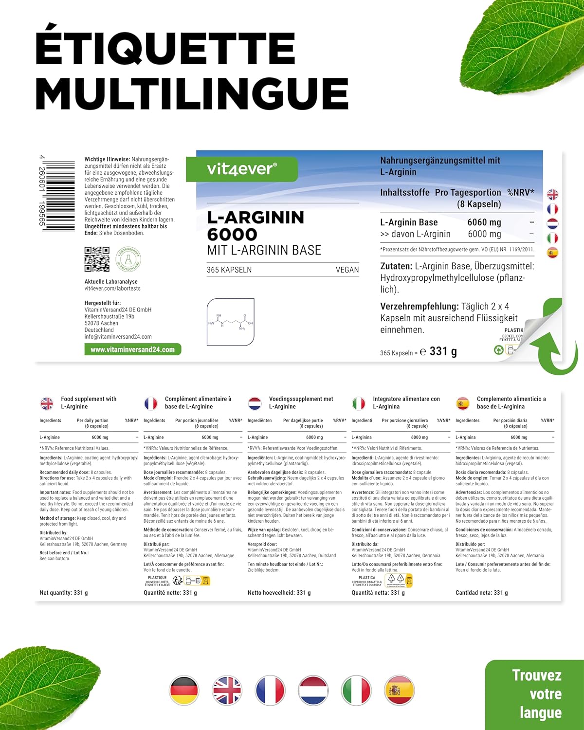 Thumbnail 5 de Vit4ever L-Arginine 6000 mg, 365 gélules