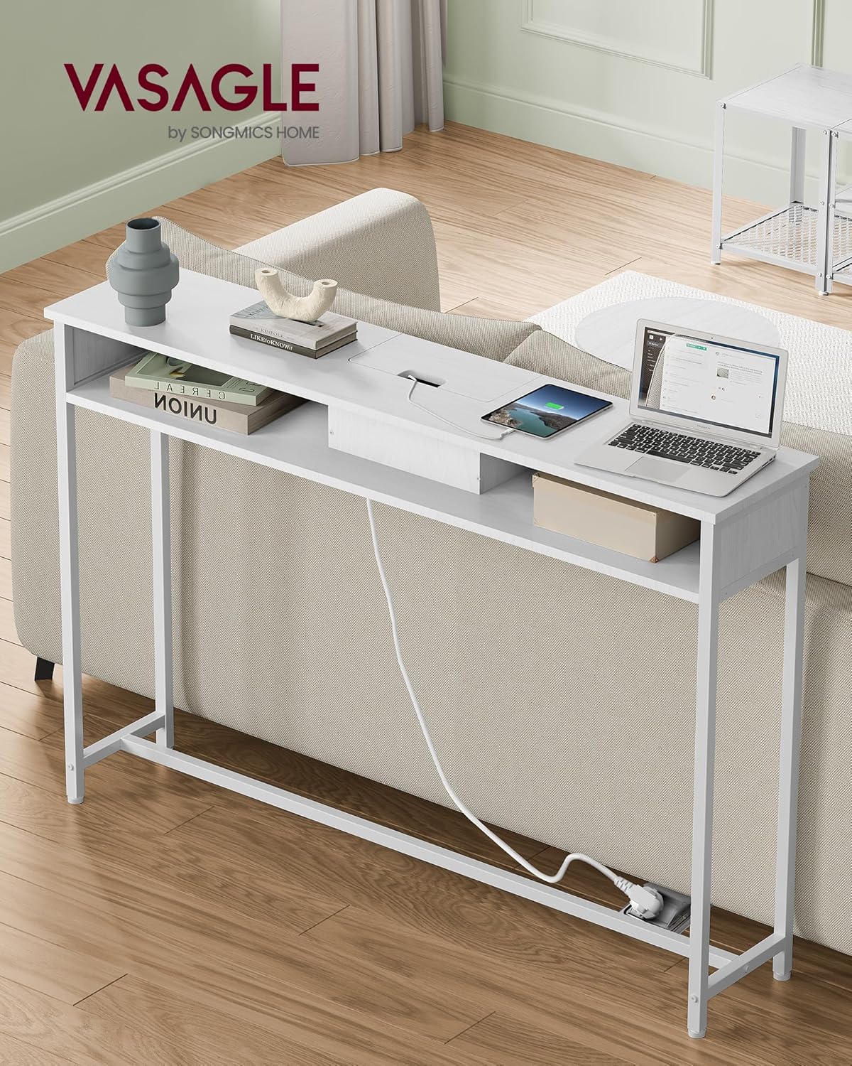 Thumbnail 3 de VASAGLE Consolle Ingresso LNT111W01: Tavolo Consolle con Multipresa, 2 Scomparti, Bianco Neve